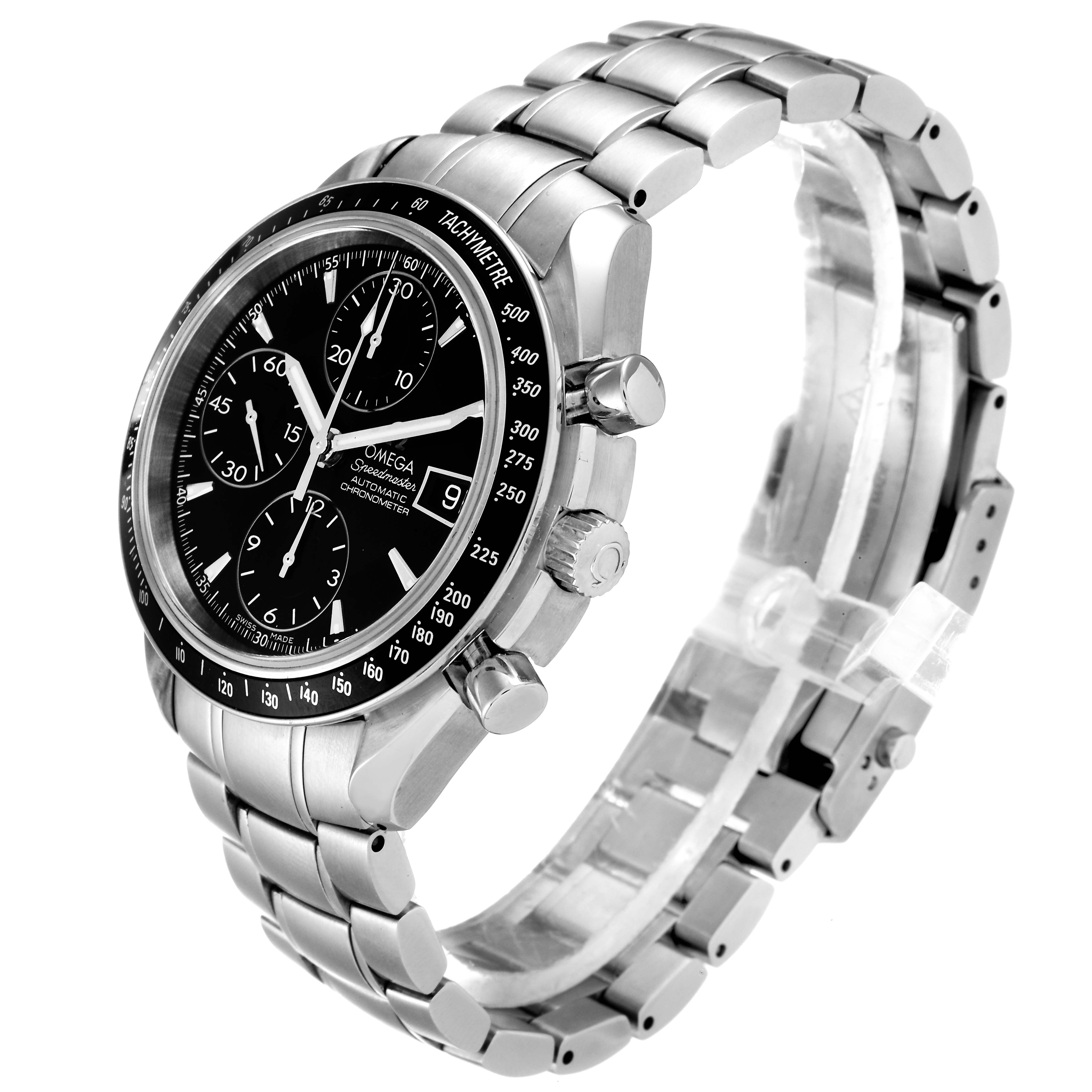 This angled view shows the Omega Speedmaster 3210.50.00 Men
s Stainless Steel Black Dial 3210.50.00 Men
s Stainless Steel Black Dial watch
s face, side buttons, and metal bracelet.