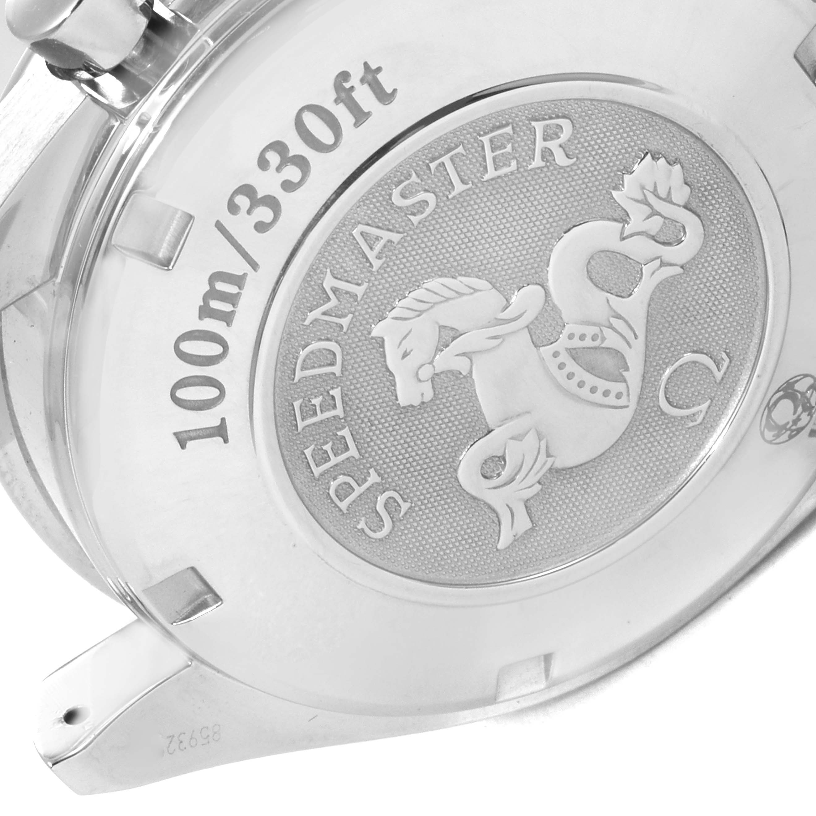 The image shows the case back of an Omega Speedmaster 3210.50.00 Men
s Stainless Steel Black Dial 3210.50.00 Men
s Stainless Steel Black Dial watch featuring an engraved seahorse, "Speedmaster" text, and water resistance details.