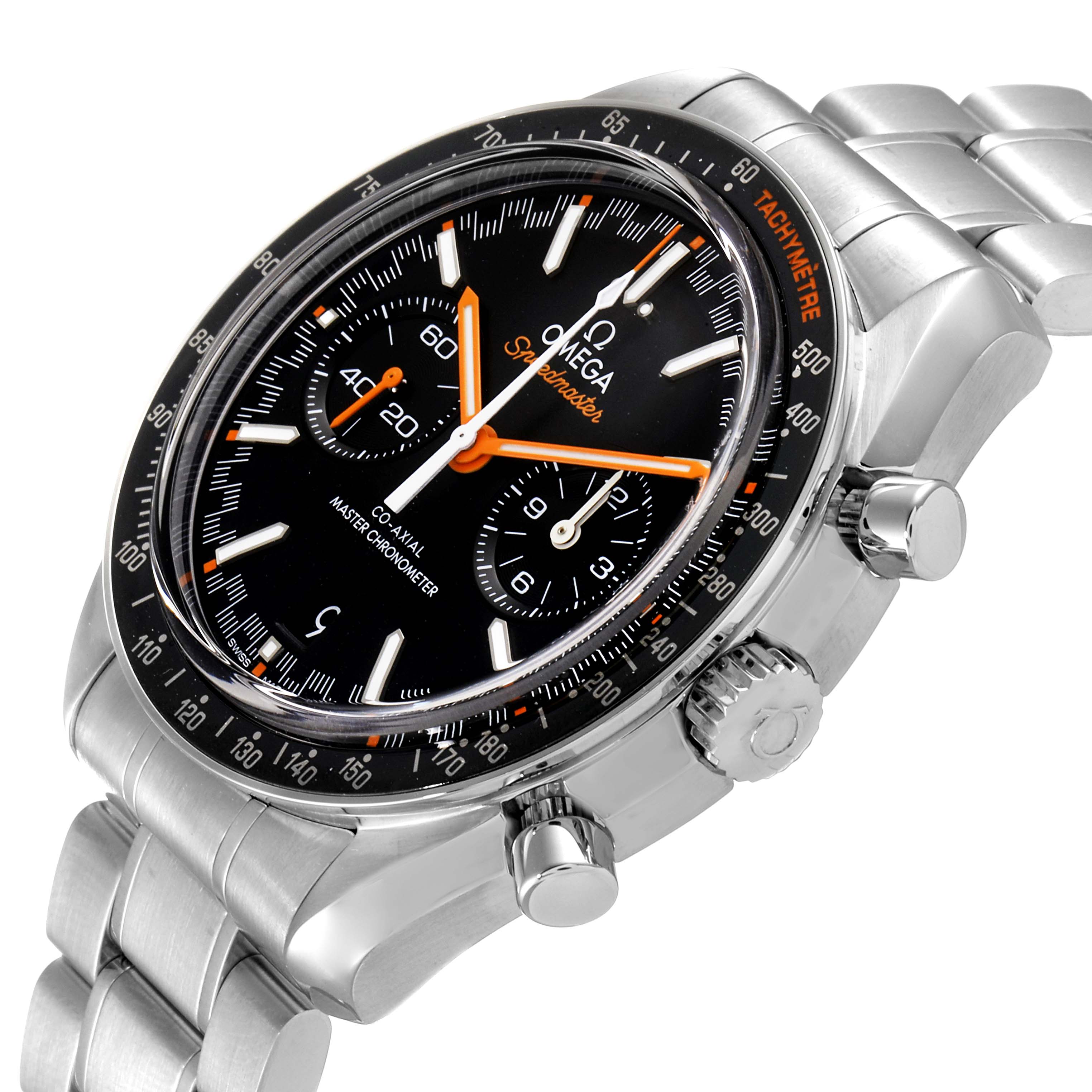 The Omega Speedmaster 329.30.44.51.01.002 Men's Stainless Steel Black Dial 329.30.44.51.01.002 Men's Stainless Steel Black Dial watch is shown at a slight right angle, displaying the dial, tachymeter bezel, and side pushers.