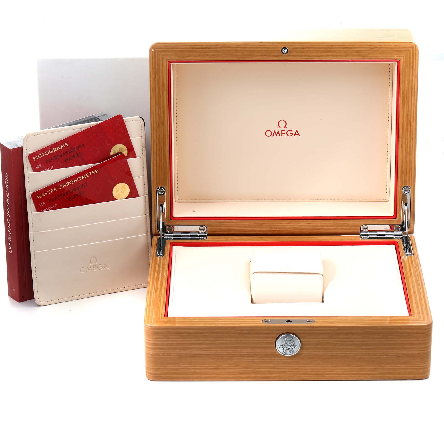 The image shows an open Omega Speedmaster 329.30.44.51.01.002 Men's Stainless Steel Black Dial 329.30.44.51.01.002 Men's Stainless Steel Black Dial watch box with warranty cards and instructions visible beside it.