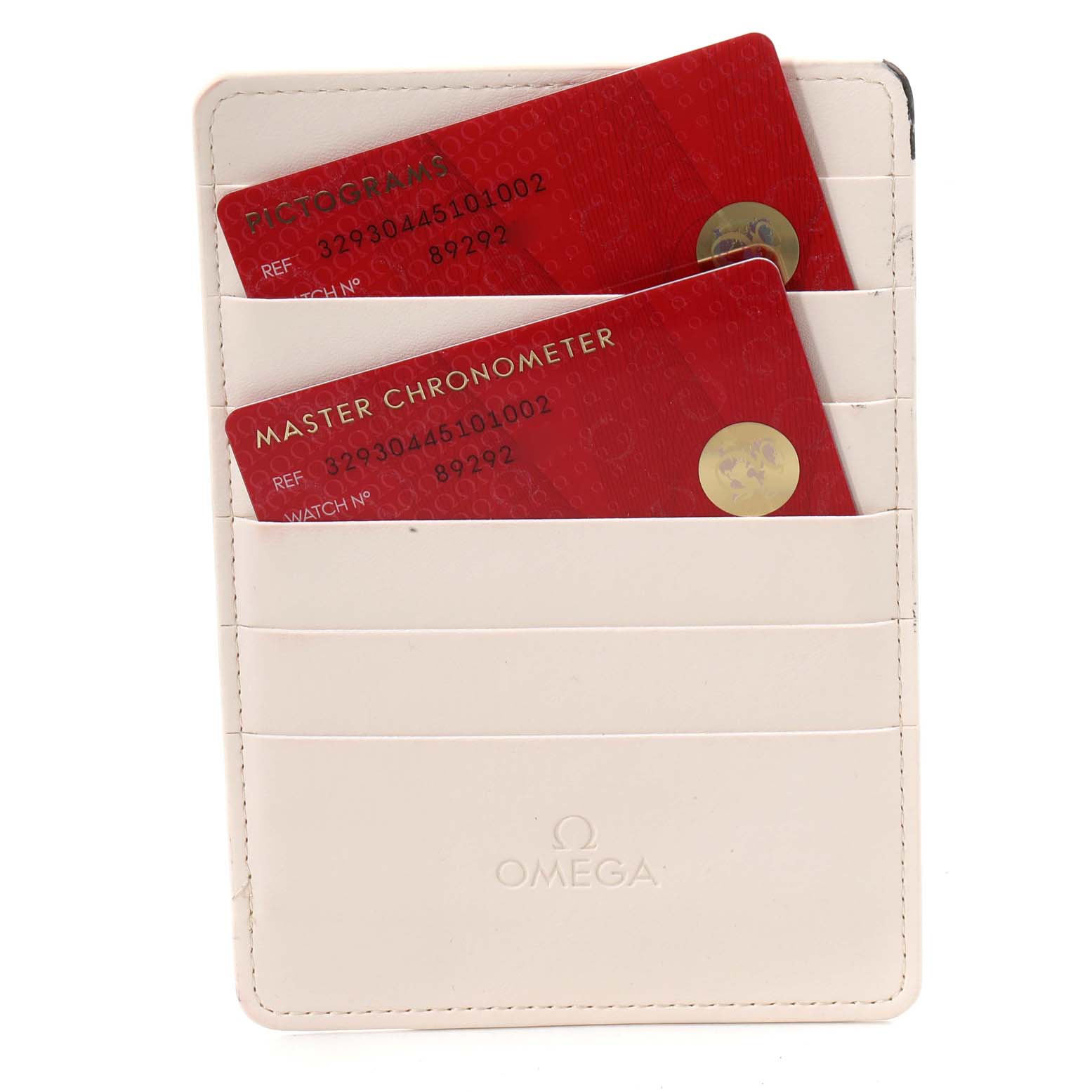 The image shows Omega Speedmaster 329.30.44.51.01.002 Men's Stainless Steel Black Dial 329.30.44.51.01.002 Men's Stainless Steel Black Dial's warranty cards in a white cardholder branded with the Omega logo.