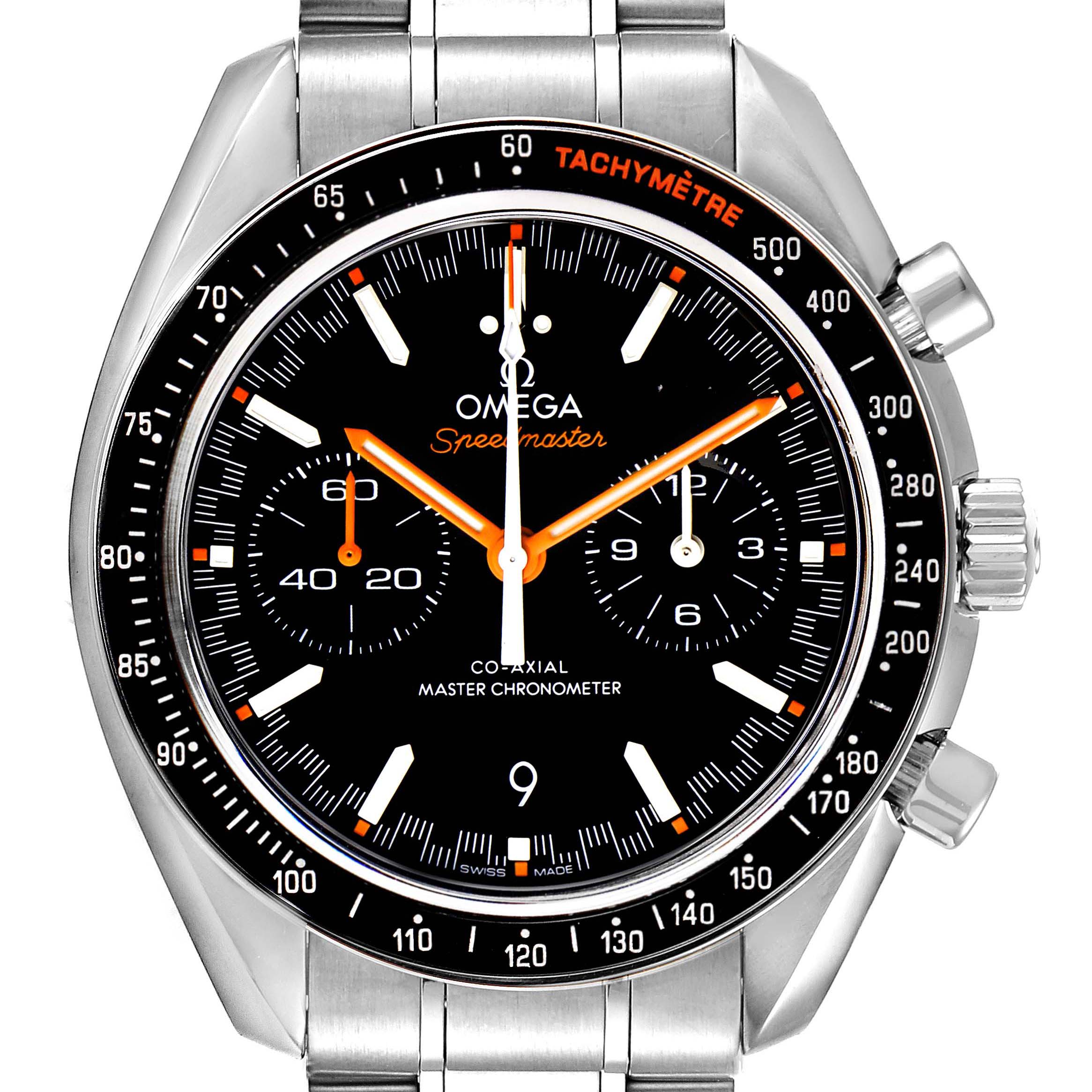 This image shows the face, bezel, and part of the bracelet of an Omega Speedmaster 329.30.44.51.01.002 Men's Stainless Steel Black Dial 329.30.44.51.01.002 Men's Stainless Steel Black Dial watch.