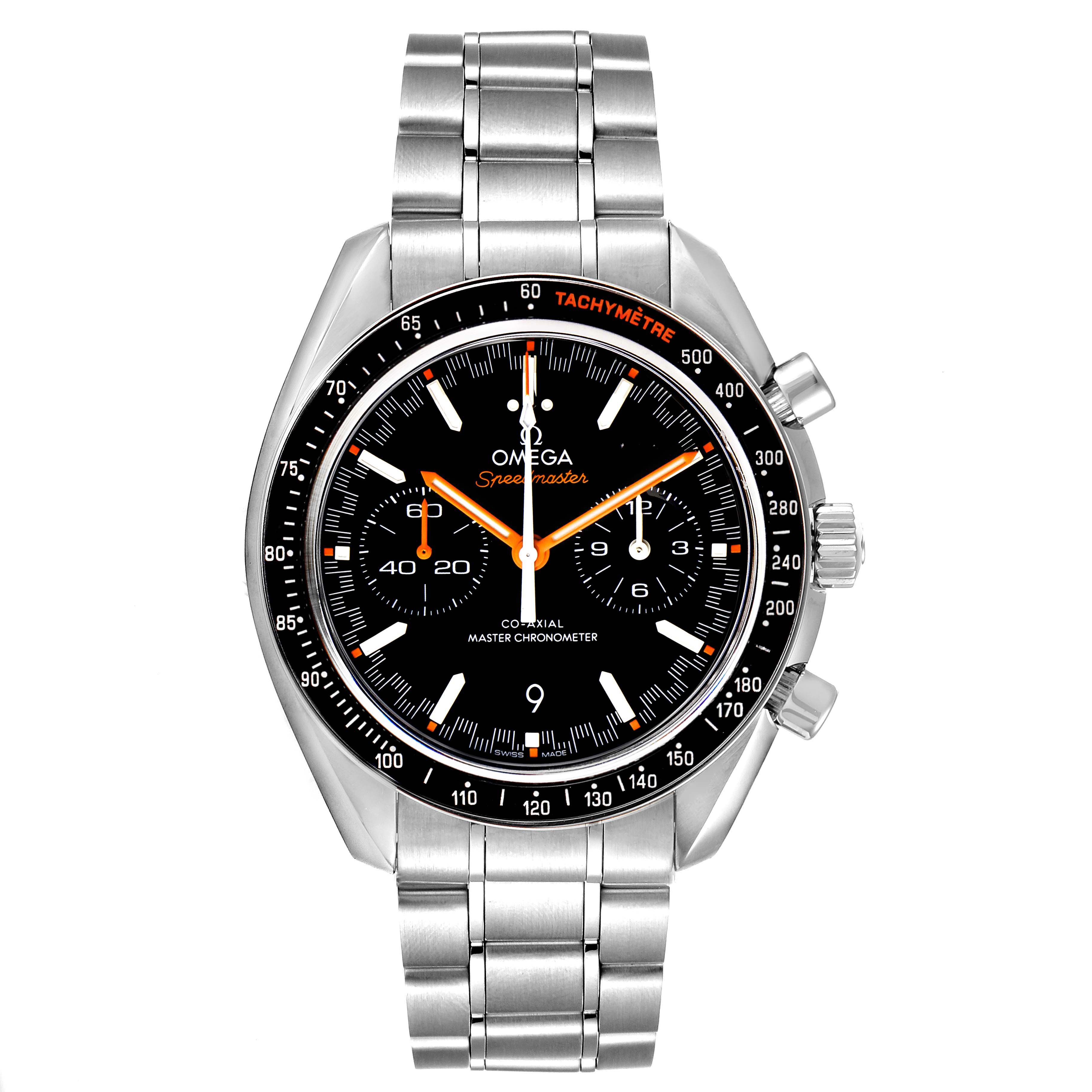 The image shows a front view of the Omega Speedmaster 329.30.44.51.01.002 Men's Stainless Steel Black Dial 329.30.44.51.01.002 Men's Stainless Steel Black Dial watch, featuring its bezel, dial, sub-dials, and metallic bracelet.