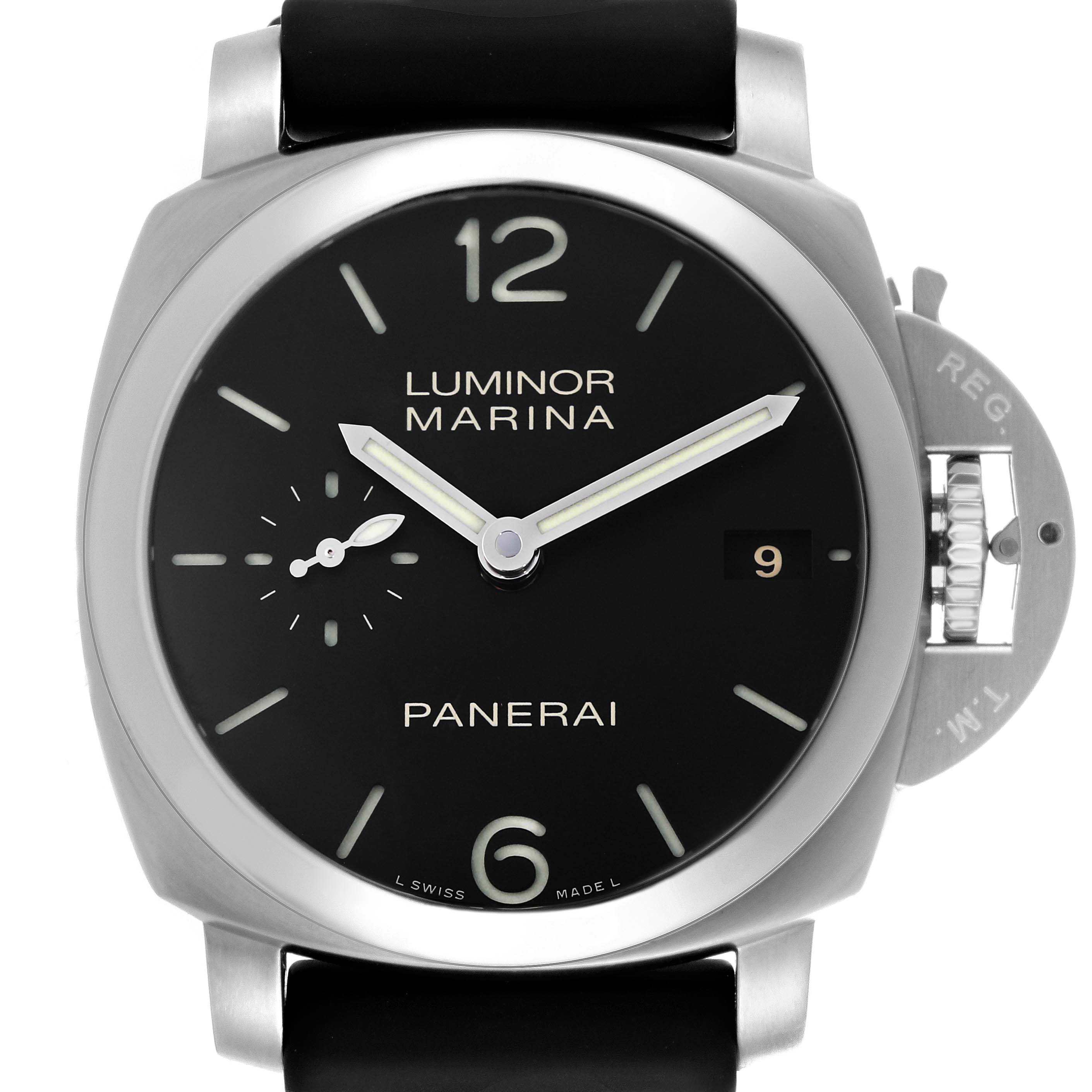 The image shows a frontal view of a Panerai Luminor PAM00392 Men
s Stainless Steel Black Dial PAM00392 Men
s Stainless Steel Black Dial watch, displaying the dial, crown guard, and strap.