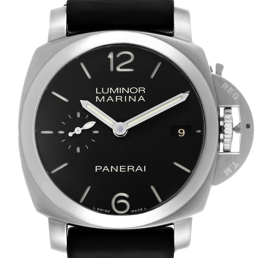 The image shows a frontal view of a Panerai Luminor watch, displaying the dial, crown guard, and strap.