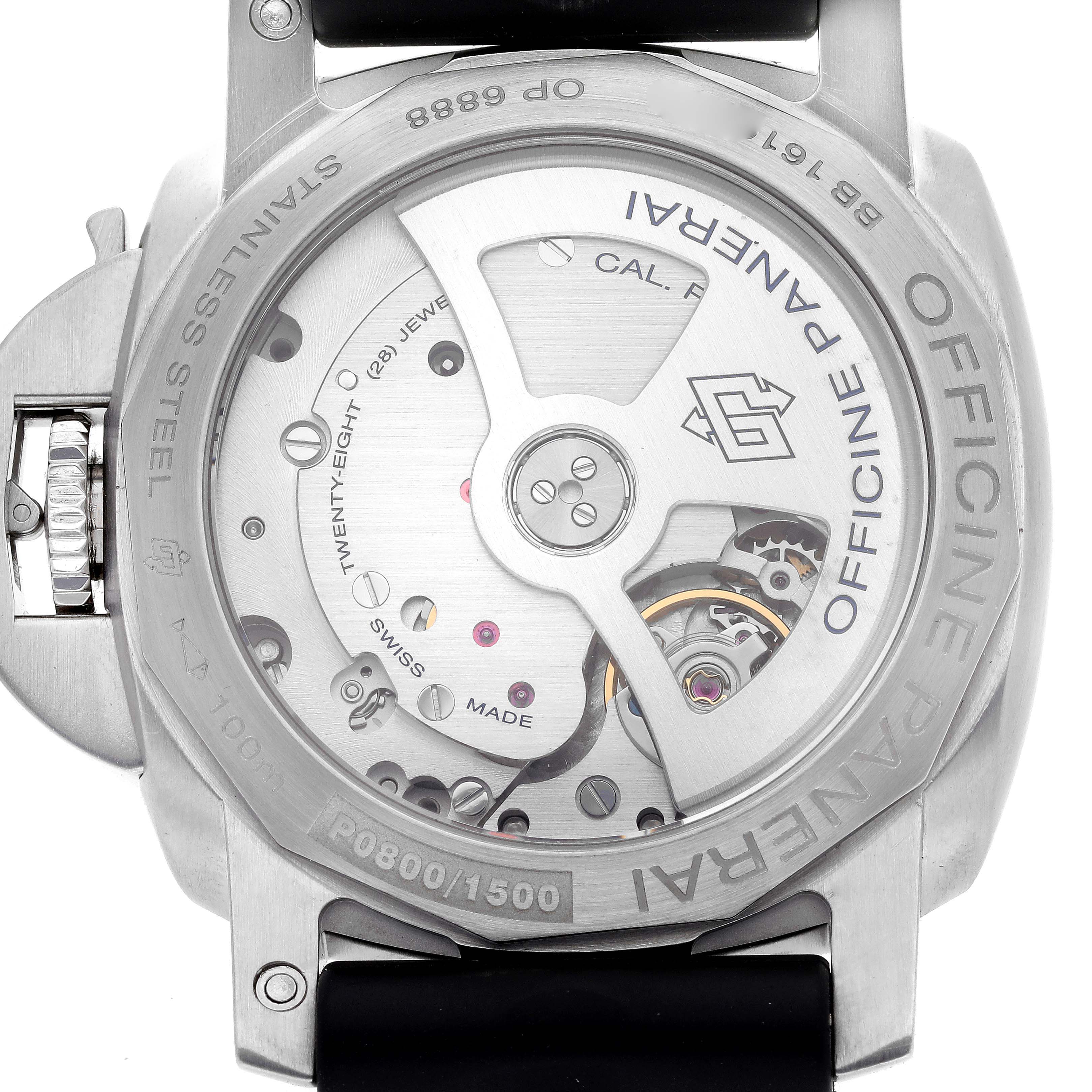 The image shows the back of a Panerai Luminor PAM00392 Men
s Stainless Steel Black Dial PAM00392 Men
s Stainless Steel Black Dial watch, highlighting its movement and engraving details.