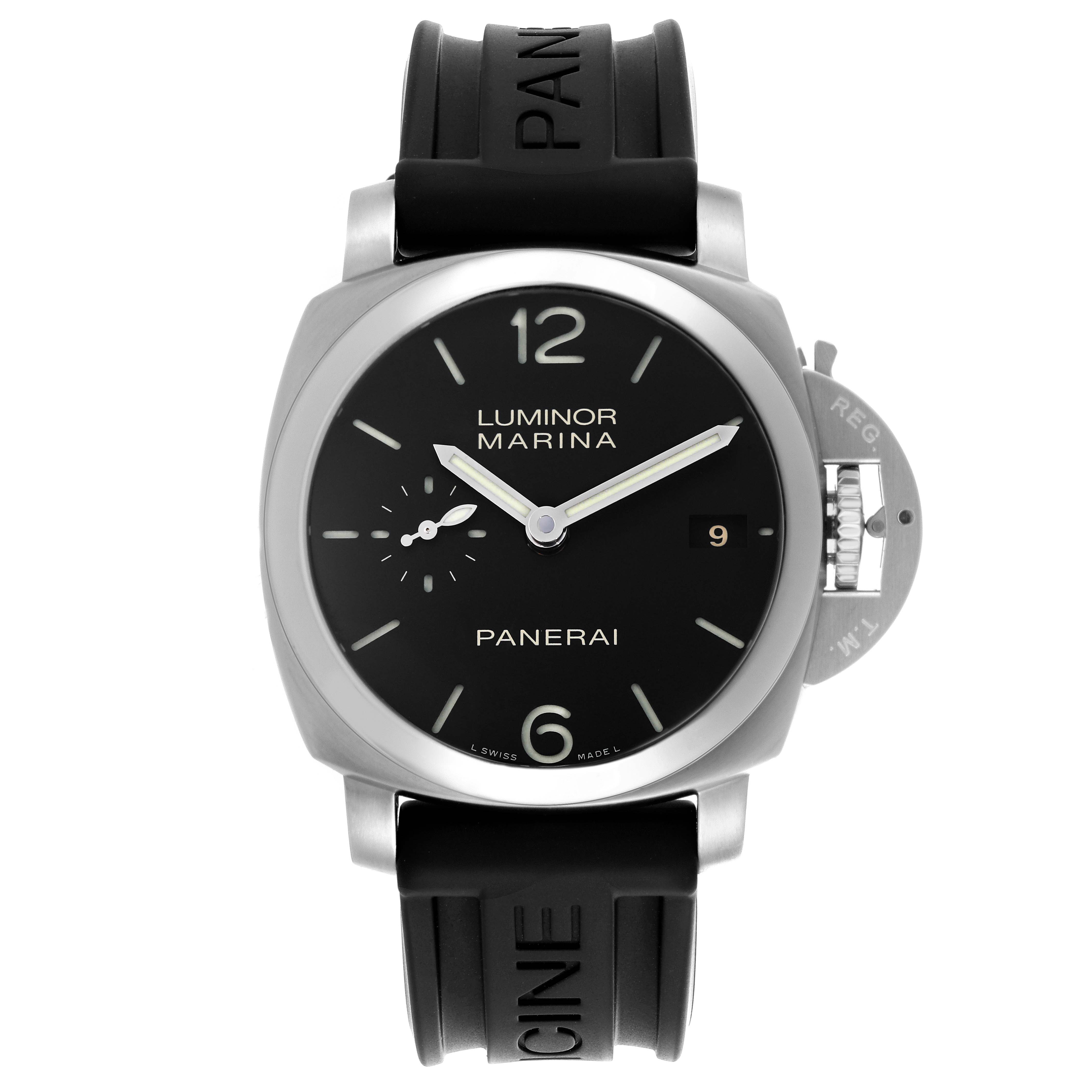 The image shows a front view of the Panerai Luminor PAM00392 Men
s Stainless Steel Black Dial PAM00392 Men
s Stainless Steel Black Dial watch, highlighting its face, casing, and strap.