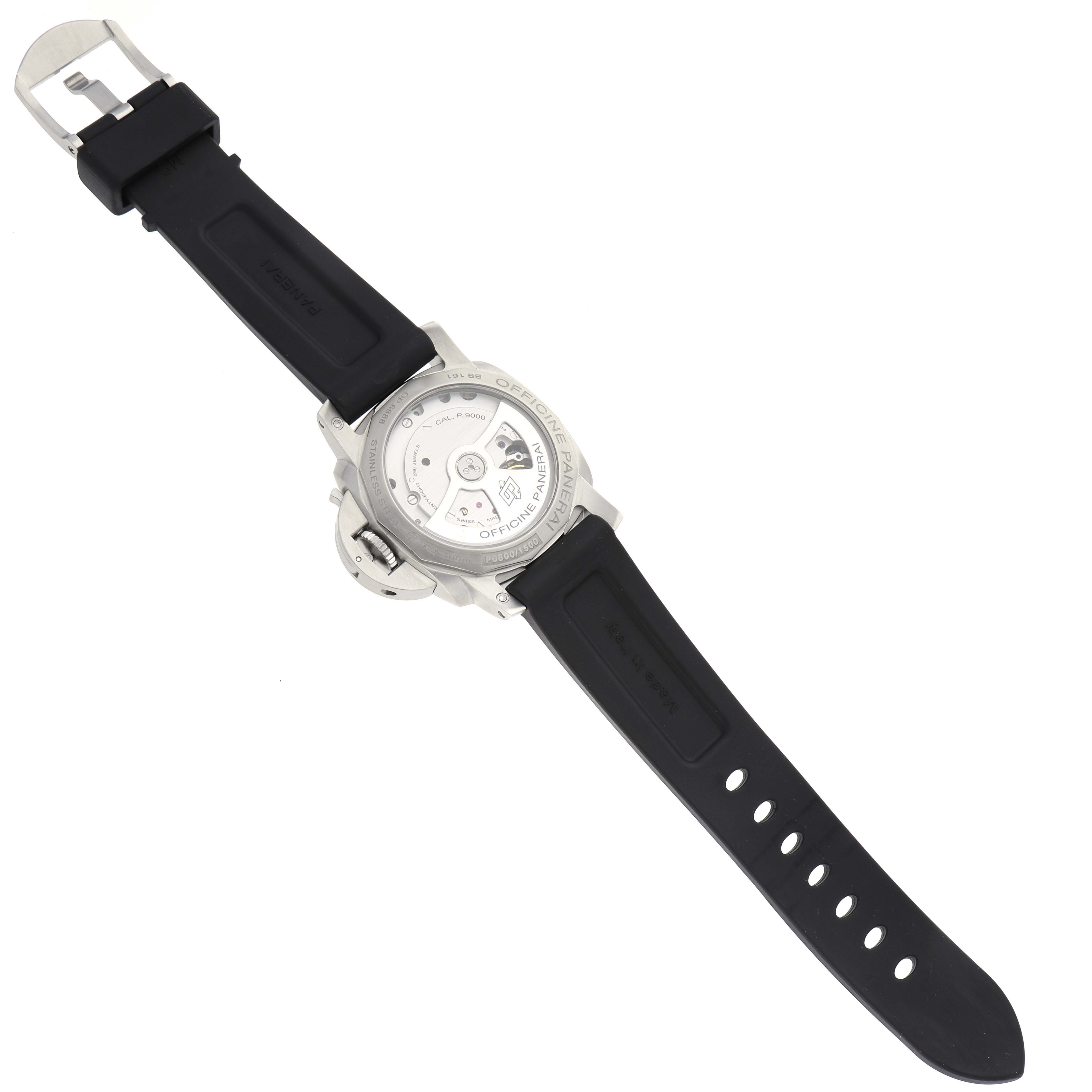 The image shows the back view of a Panerai Luminor PAM00392 Men
s Stainless Steel Black Dial PAM00392 Men
s Stainless Steel Black Dial watch, displaying the case back, movement, and black strap.