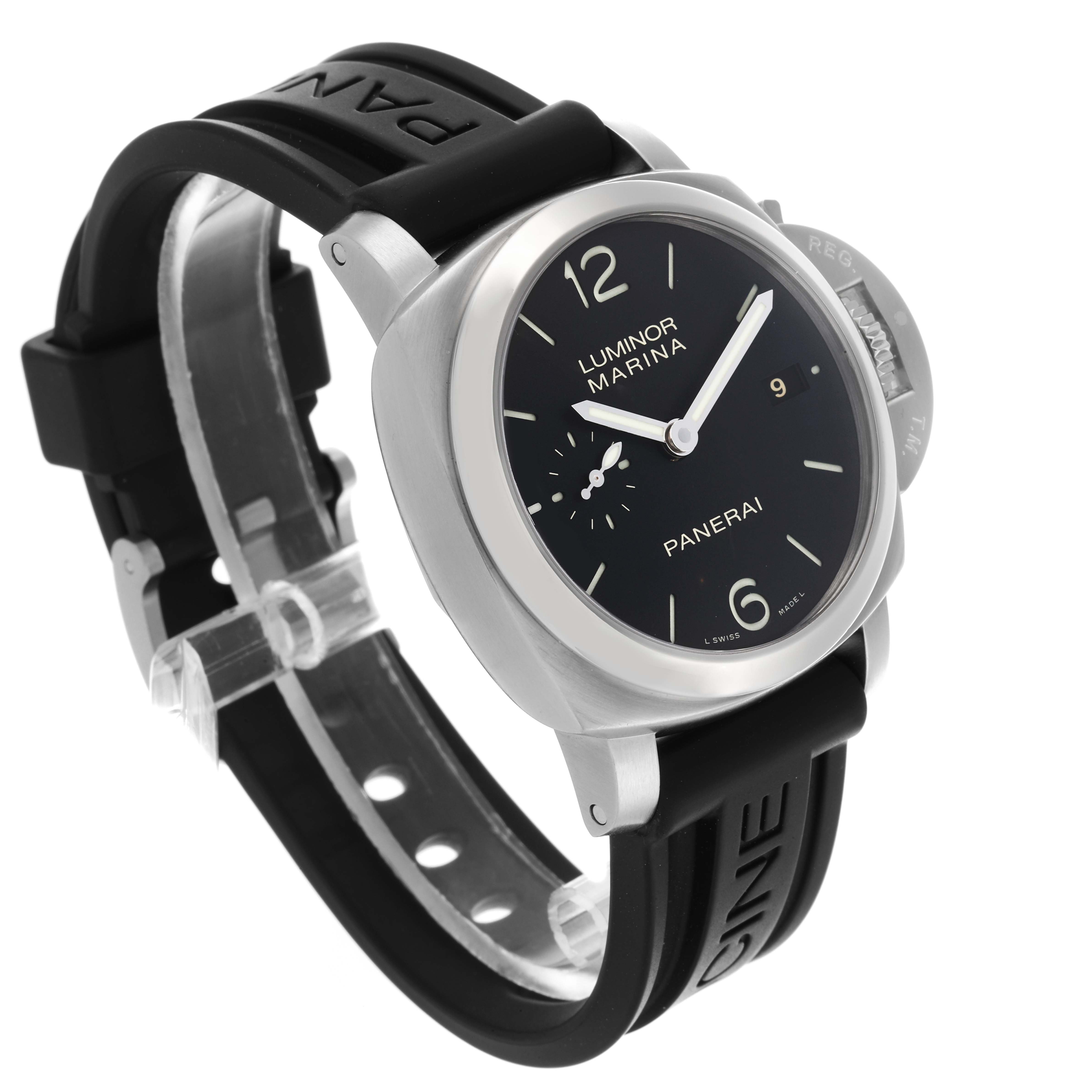 The Panerai Luminor PAM00392 Men
s Stainless Steel Black Dial PAM00392 Men
s Stainless Steel Black Dial watch is shown at a slight angle, highlighting the dial, case, crown guard, and rubber strap.