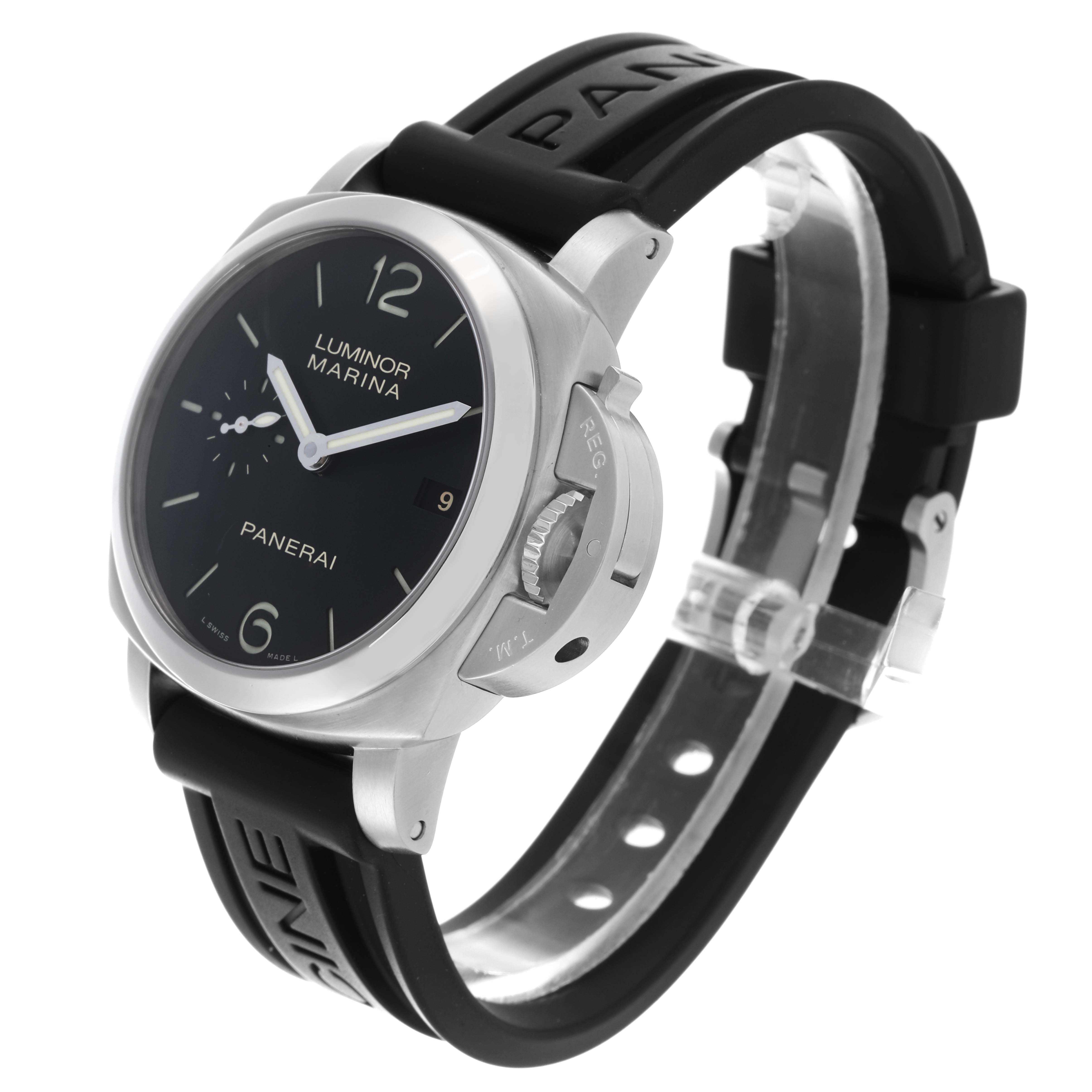 The Panerai Luminor PAM00392 Men
s Stainless Steel Black Dial PAM00392 Men
s Stainless Steel Black Dial watch is shown at a three-quarter angle, displaying the face, bezel, crown guard, and black rubber strap.