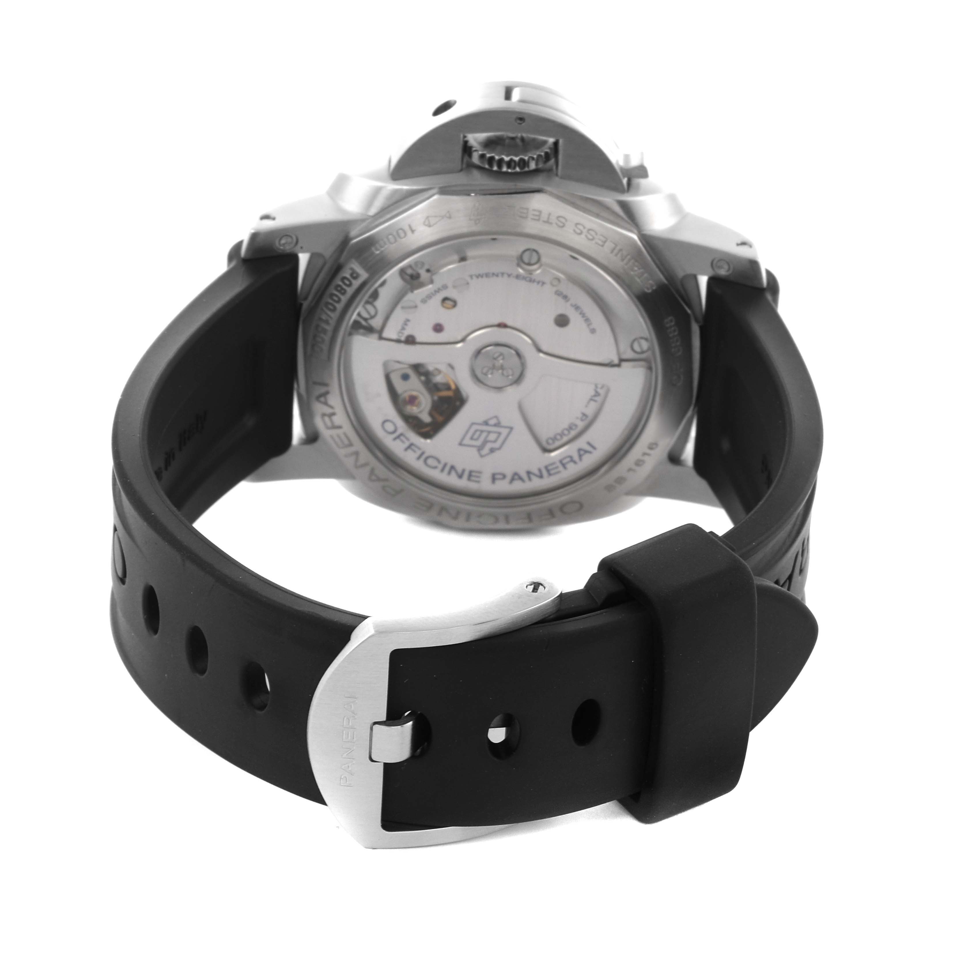 The Panerai Luminor PAM00392 Men
s Stainless Steel Black Dial PAM00392 Men
s Stainless Steel Black Dial watch is shown from the back, displaying its transparent case back and black strap.