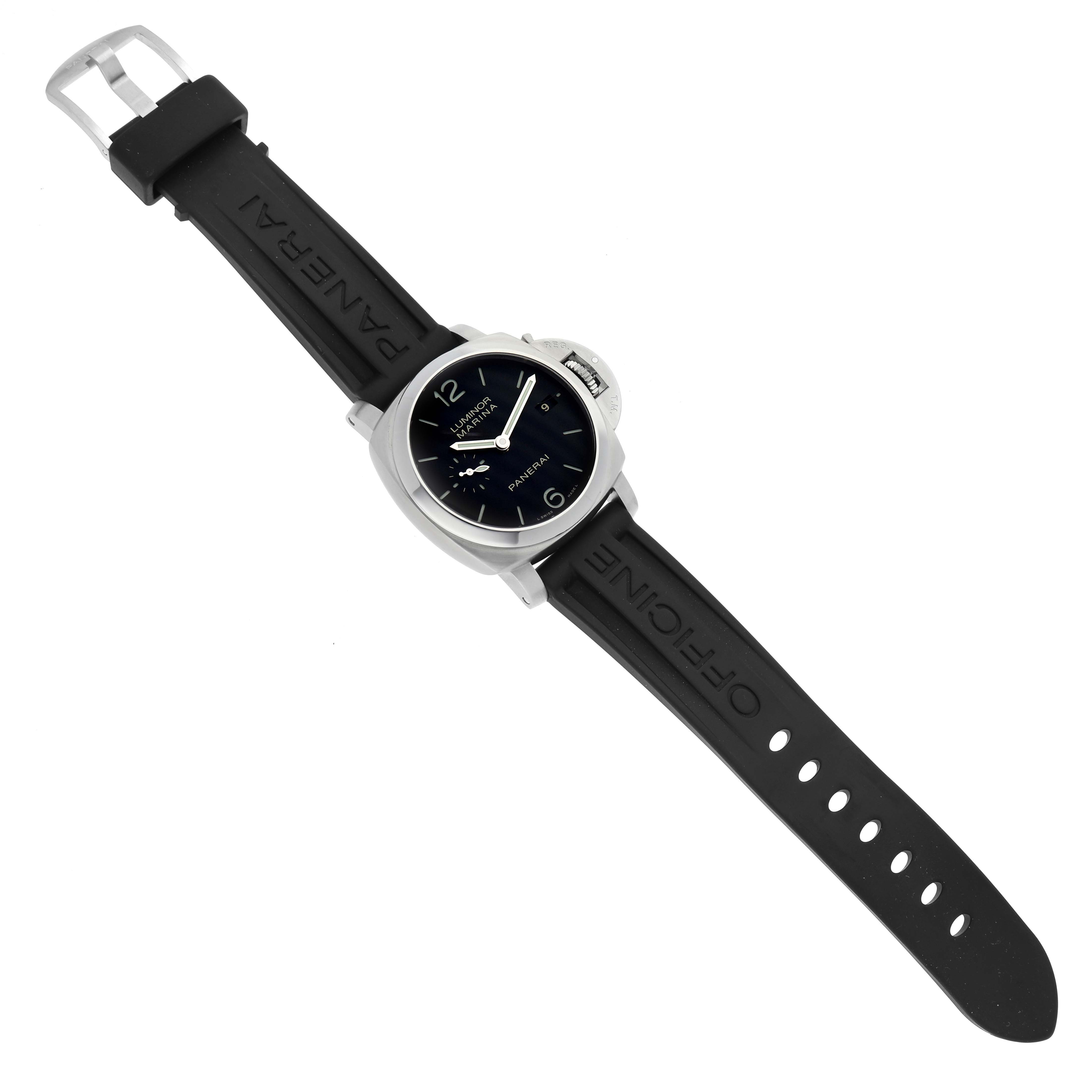 The Panerai Luminor PAM00392 Men
s Stainless Steel Black Dial PAM00392 Men
s Stainless Steel Black Dial watch is shown from a top-down angle with a clear view of the dial and black strap.