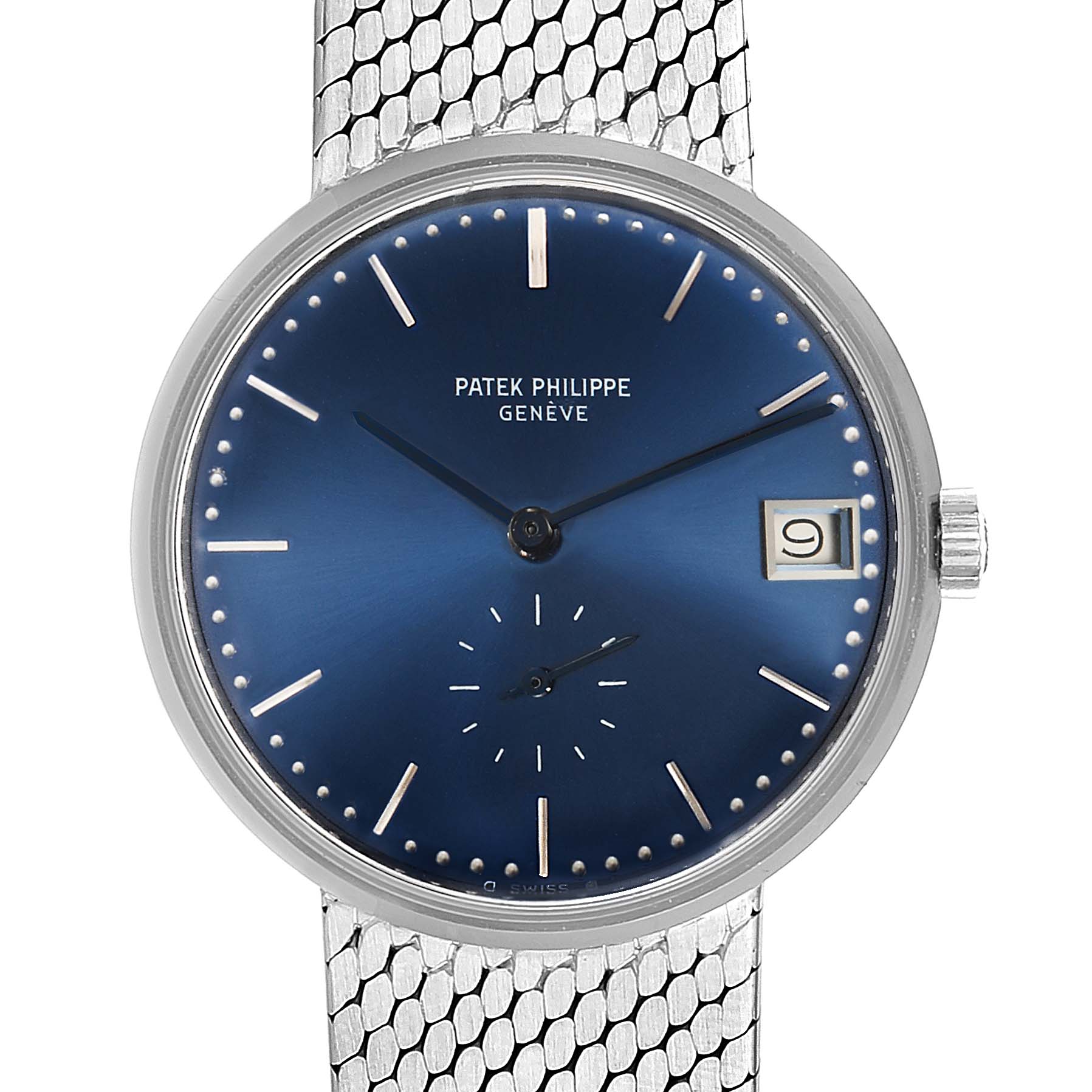This image shows a Patek Philippe Calatrava 3514 Men's White Gold Blue Dial 3514 Men's White Gold Blue Dial watch with a blue dial, date window, and stainless steel bracelet from a front angle.