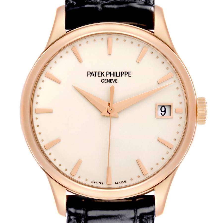 The Patek Philippe Calatrava 5227R-001 Men's Rose Gold Champagne Dial watch is shown from a front angle, displaying its cream dial, rose gold hands, and date window.
