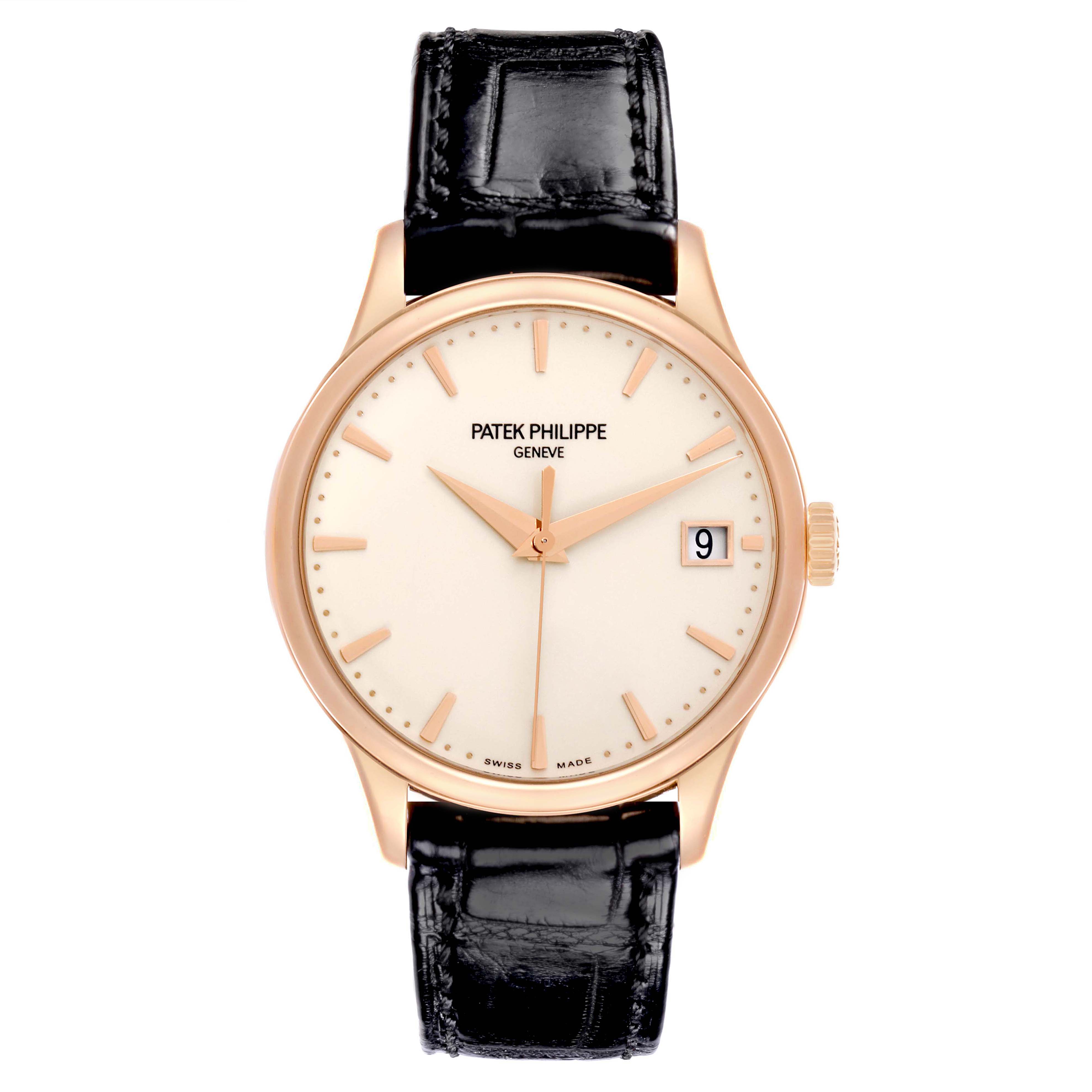 The Patek Philippe Calatrava 5227R-001 Men's Rose Gold Champagne Dial is shown from a front view, displaying the watch face, hands, date, and black leather strap.