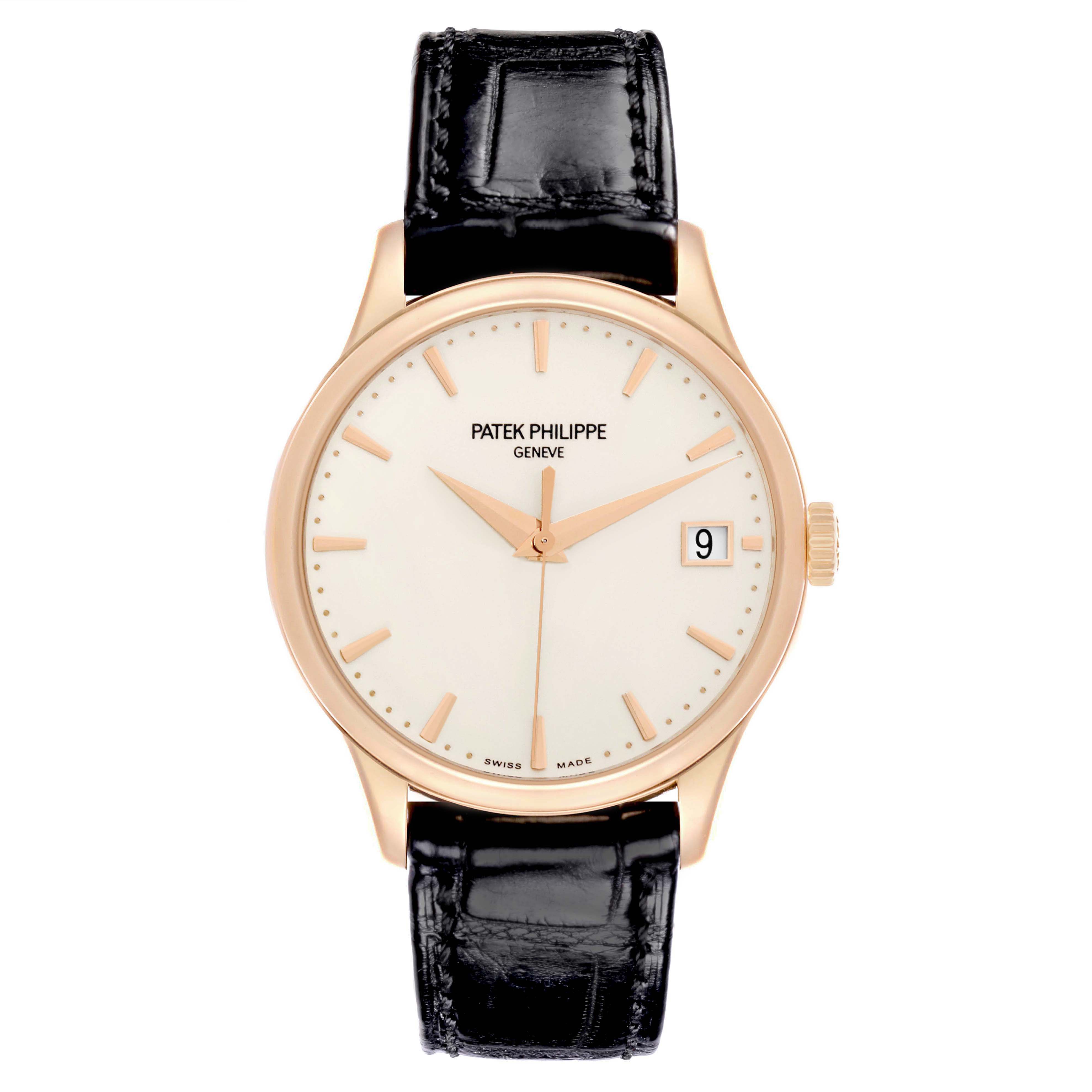 The Patek Philippe Calatrava 5227R-001 Men's Rose Gold Beige Dial watch is shown from the front, highlighting its dial, hands, date window, and leather strap.
