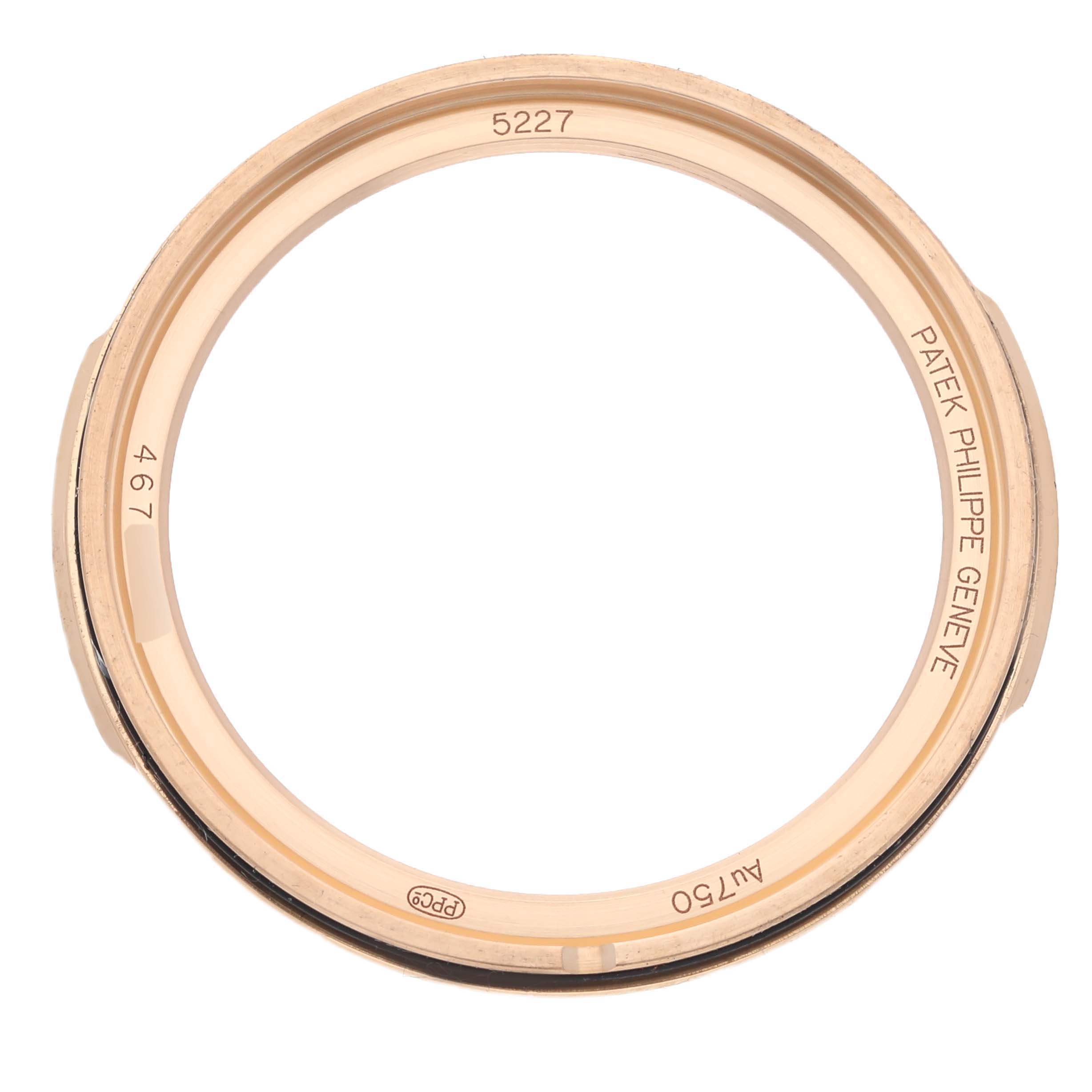 This image shows the bezel of the Patek Philippe Calatrava 5227R-001 Men's Rose Gold Champagne Dial 5227R-001 Men's Rose Gold Champagne Dial model 5227 from a top-down angle.
