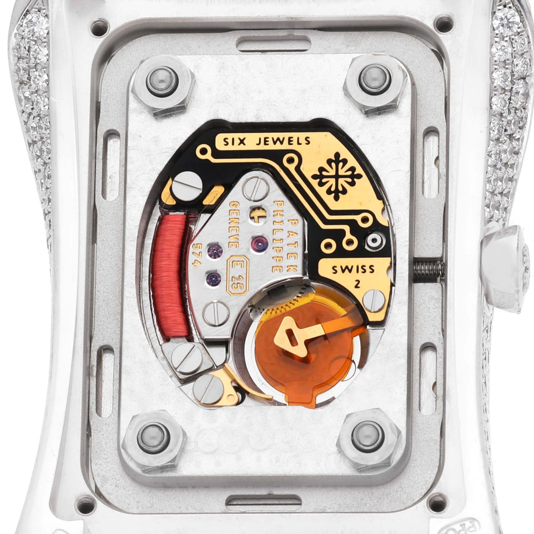 The image shows the back case view of the Gondolo model by Patek Philippe, highlighting its intricate movement parts.