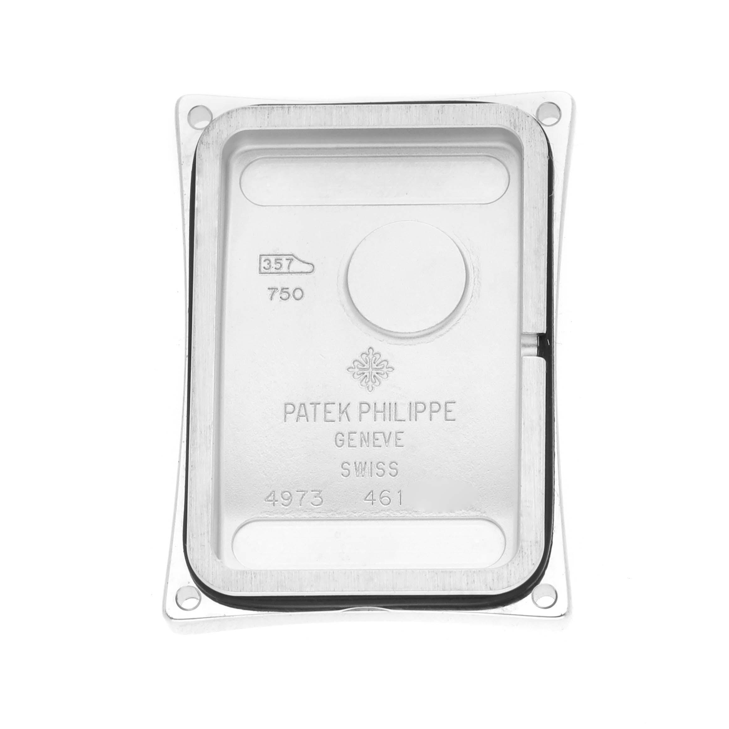 The image shows the back cover of a Patek Philippe Gondolo 4973G Women's White Gold Mother of Pearl Dial watch, viewed from the inner side.