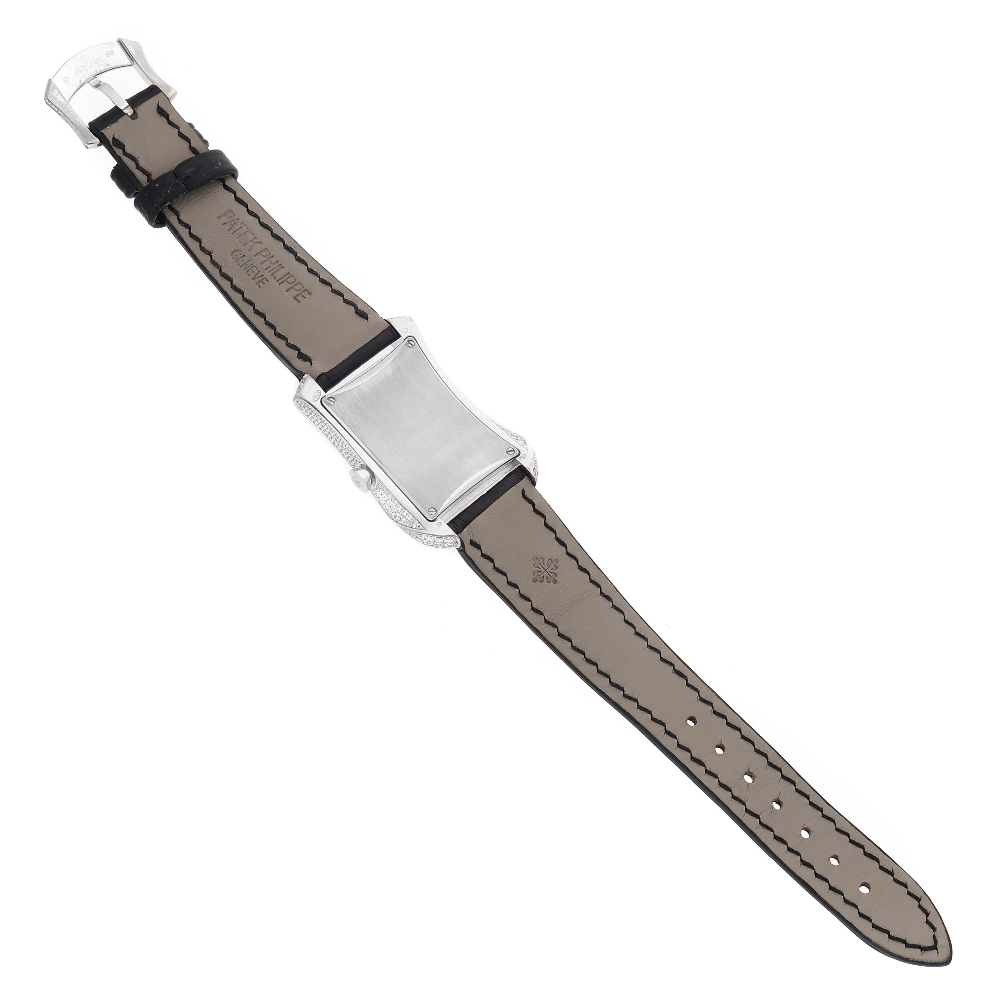 The image shows the back and strap of a Patek Philippe Gondolo 4973G Women's White Gold Mother of Pearl Dial watch, highlighting the buckle, case, and stitch detailing.