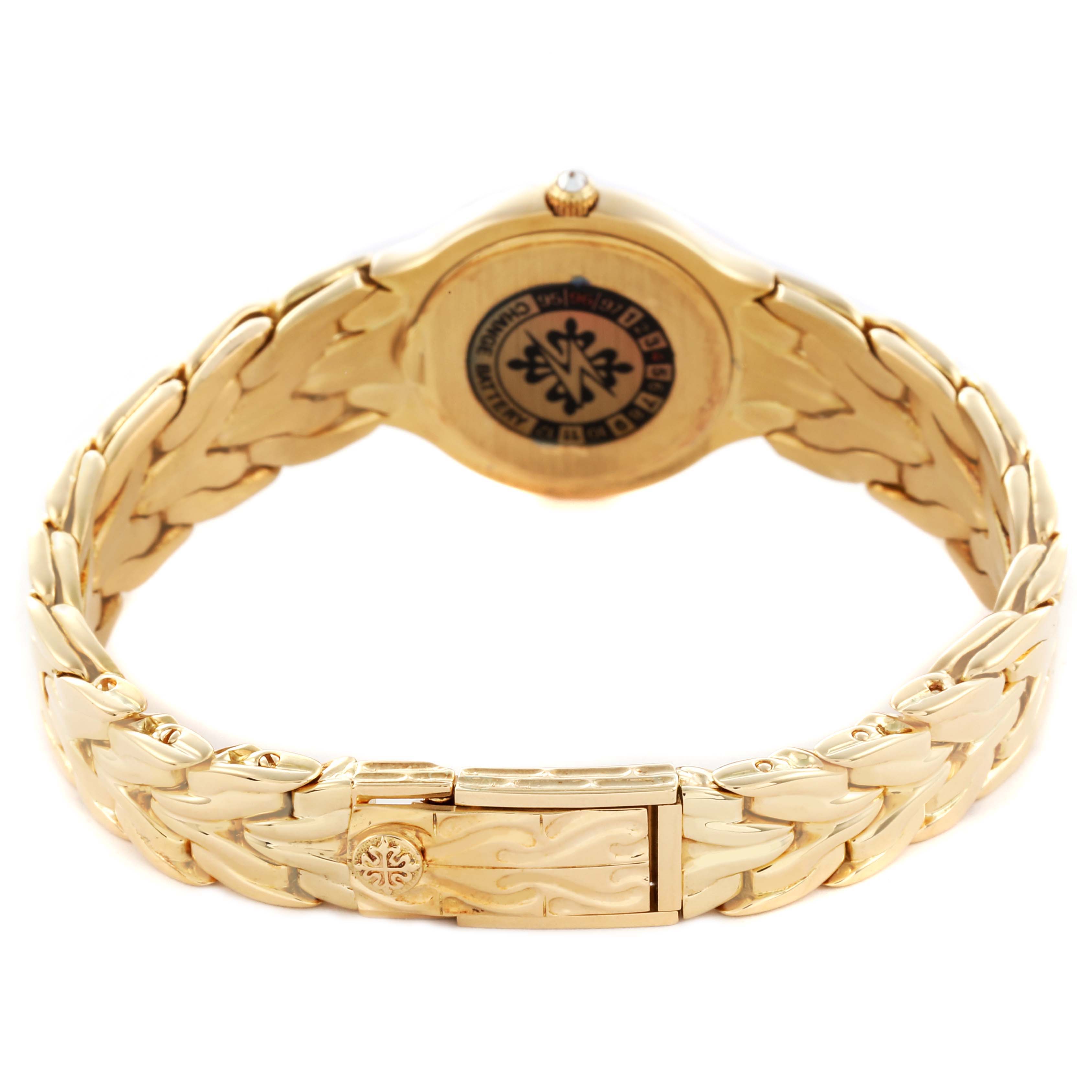 The Patek Philippe La Flamme  4816/3J Women's Yellow Gold Champagne Dial 4816/3J Women's Yellow Gold Champagne Dialwatch is shown from the back, highlighting its intricate gold bracelet and clasp.