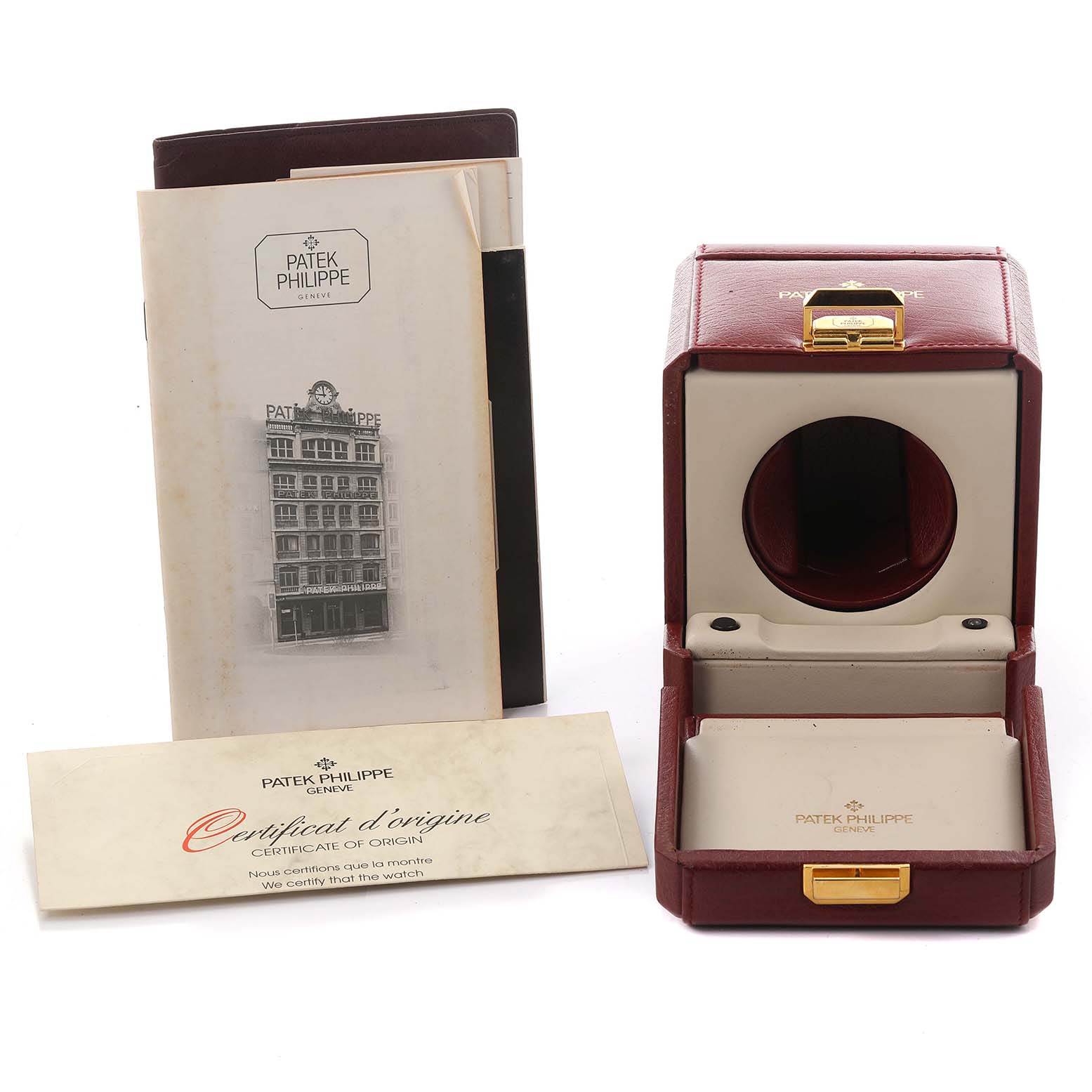 The image shows a Patek Philippe La Flamme  4816/3J Women's Yellow Gold Champagne Dial 4816/3J Women's Yellow Gold Champagne Dialwatch box, certificate of origin, and booklet from a frontal angle.