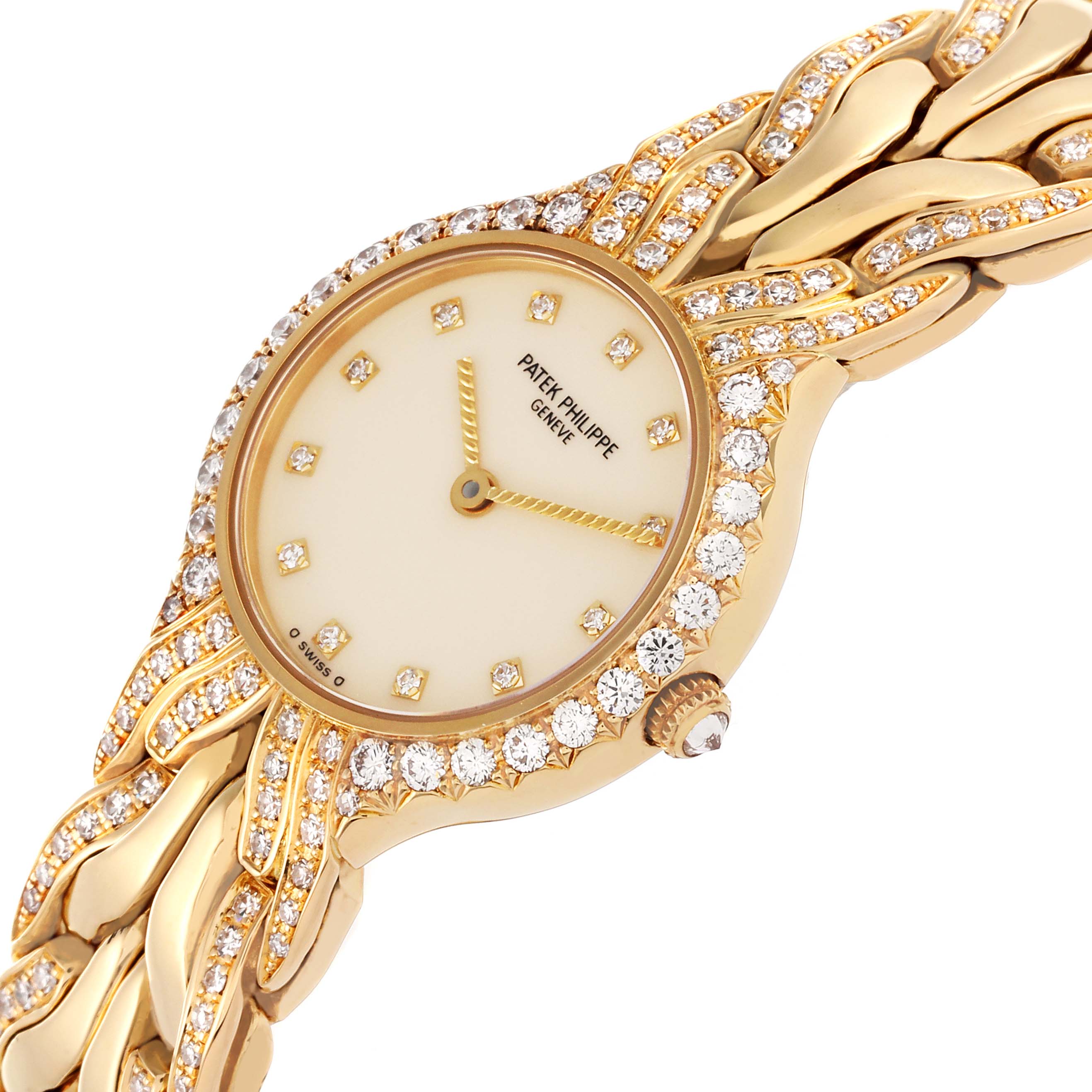 The Patek Philippe La Flamme  4816/3J Women's Yellow Gold Champagne Dial 4816/3J Women's Yellow Gold Champagne Dialwatch is shown at an angled view, highlighting the diamond-studded dial and bracelet.