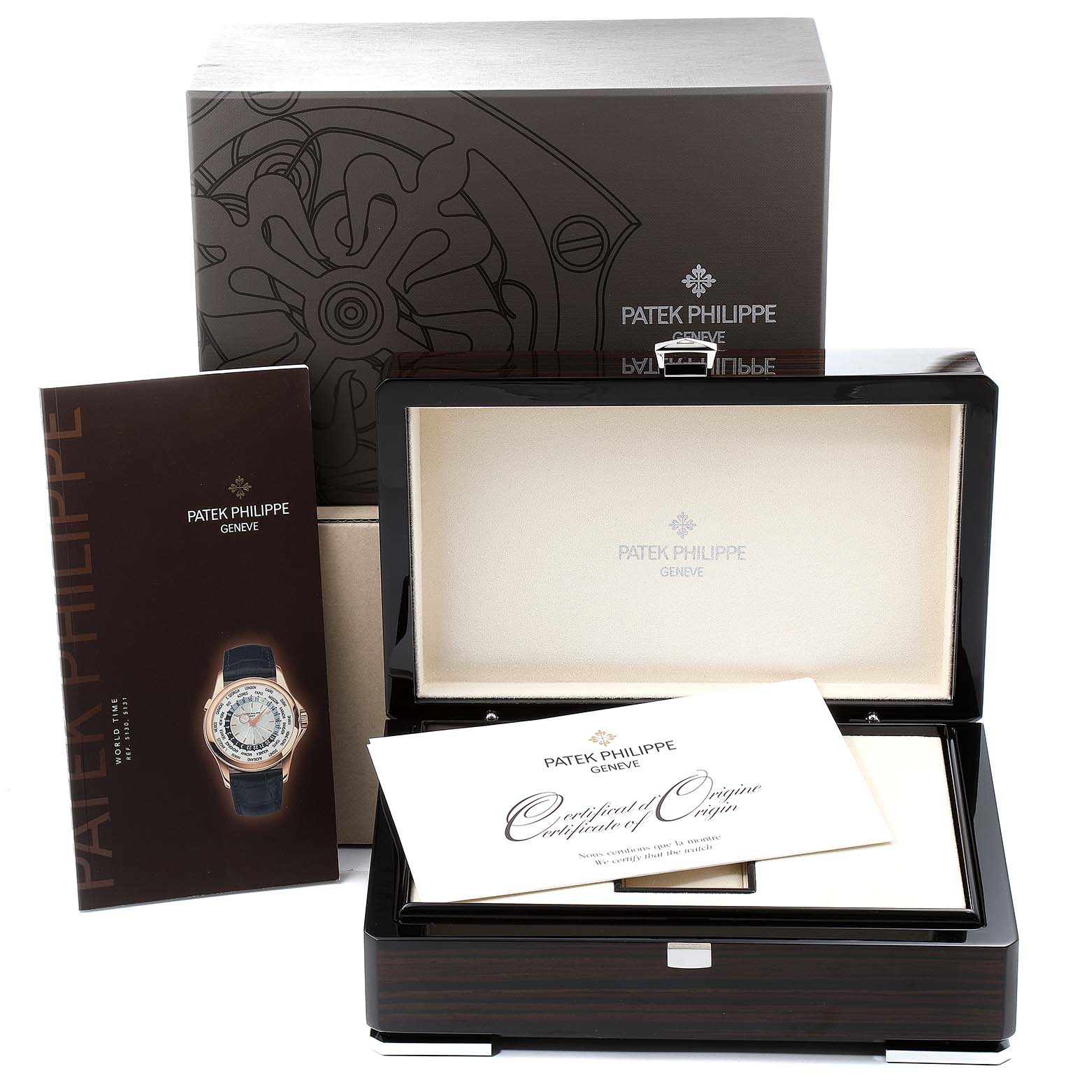 The image shows the box, manuals, and certificate for a Patek Philippe Complications 5130P Men's Platinum Silver Dial 5130P Men's Platinum Silver Dial watch, viewed from the front.