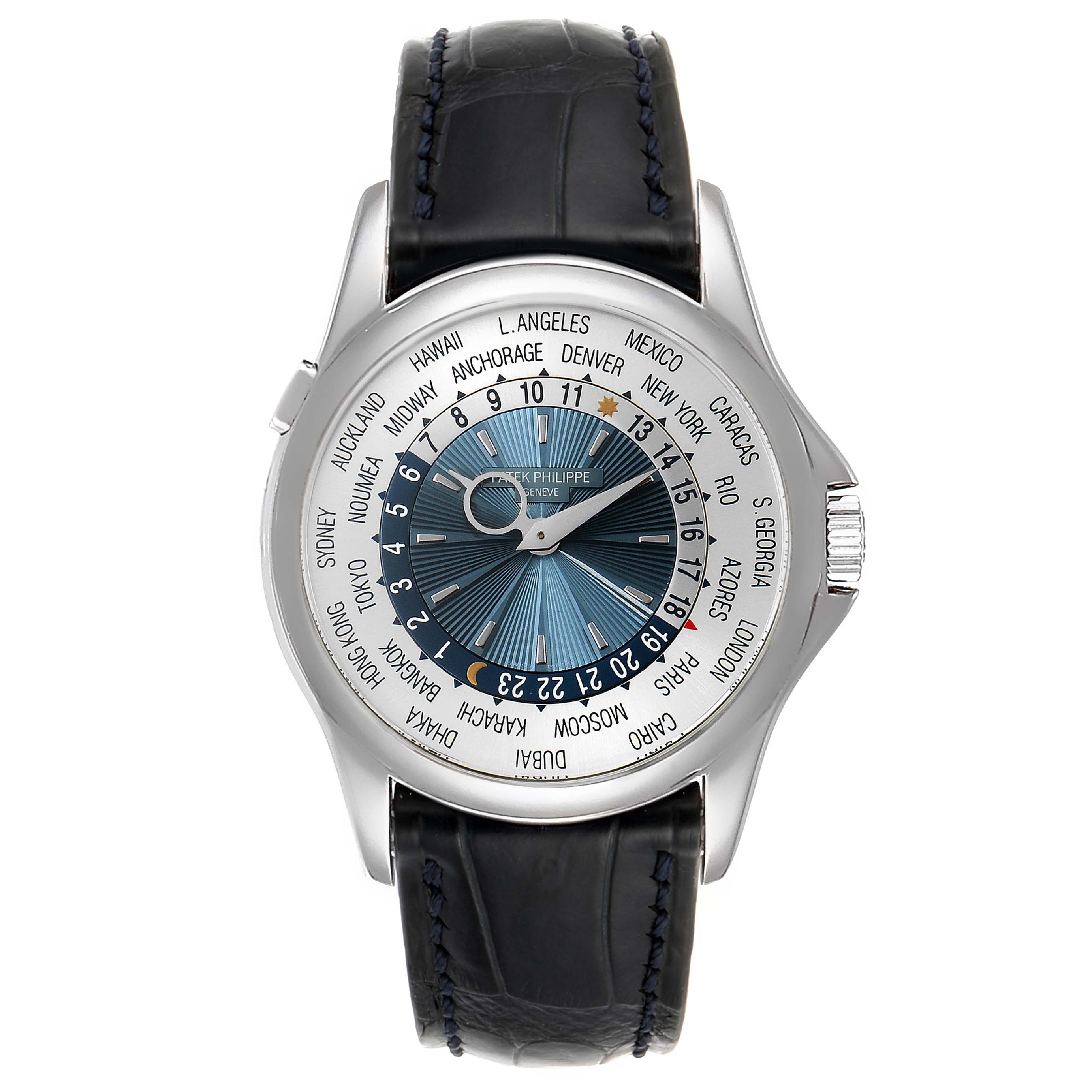 The image shows a front view of the Patek Philippe Complications 5130P Men's Platinum Silver Dial 5130P Men's Platinum Silver Dial watch, displaying its dial and leather strap.