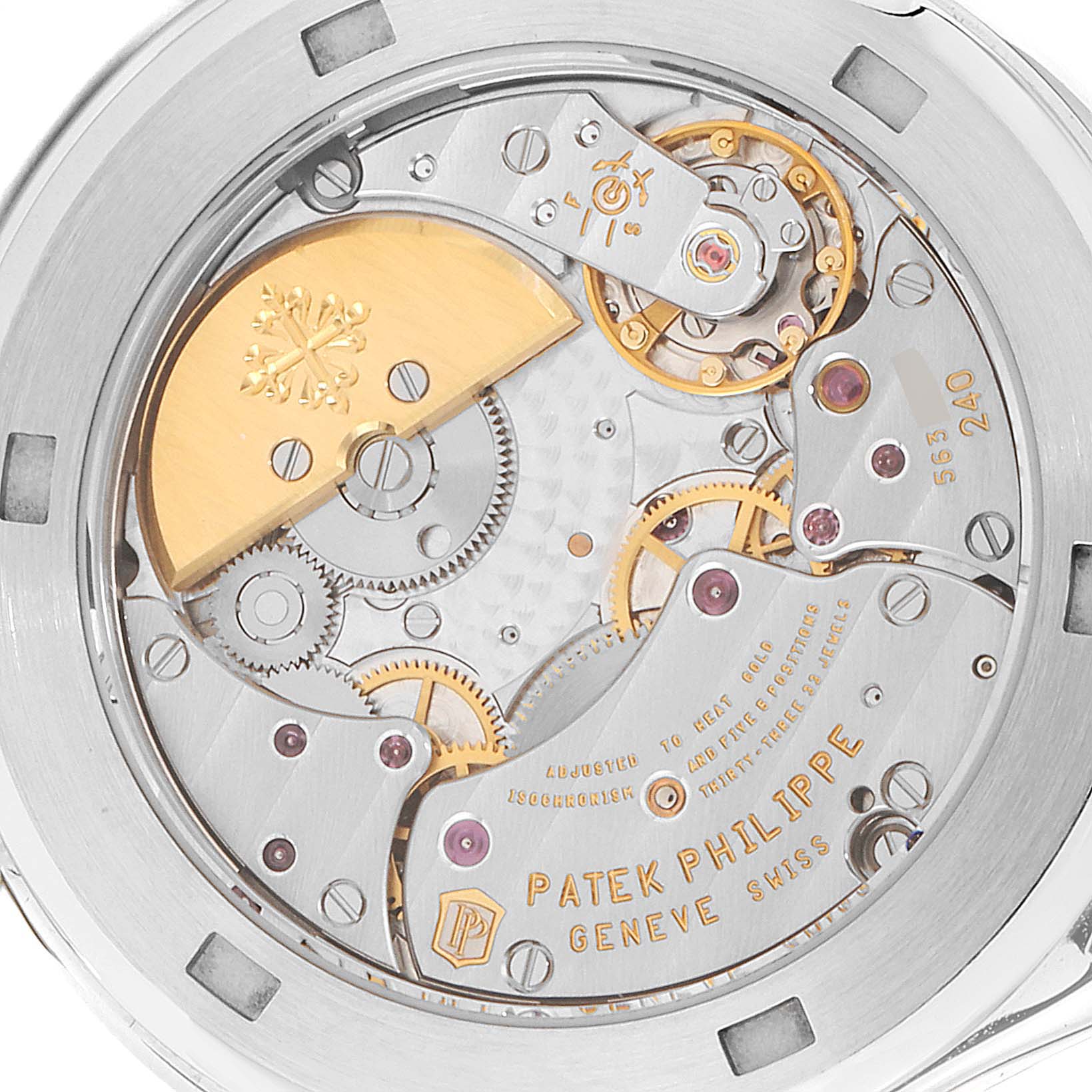 This image shows the intricate back view of the movement mechanism in the Patek Philippe Complications 5130P Men's Platinum Silver Dial 5130P Men's Platinum Silver Dial model watch.