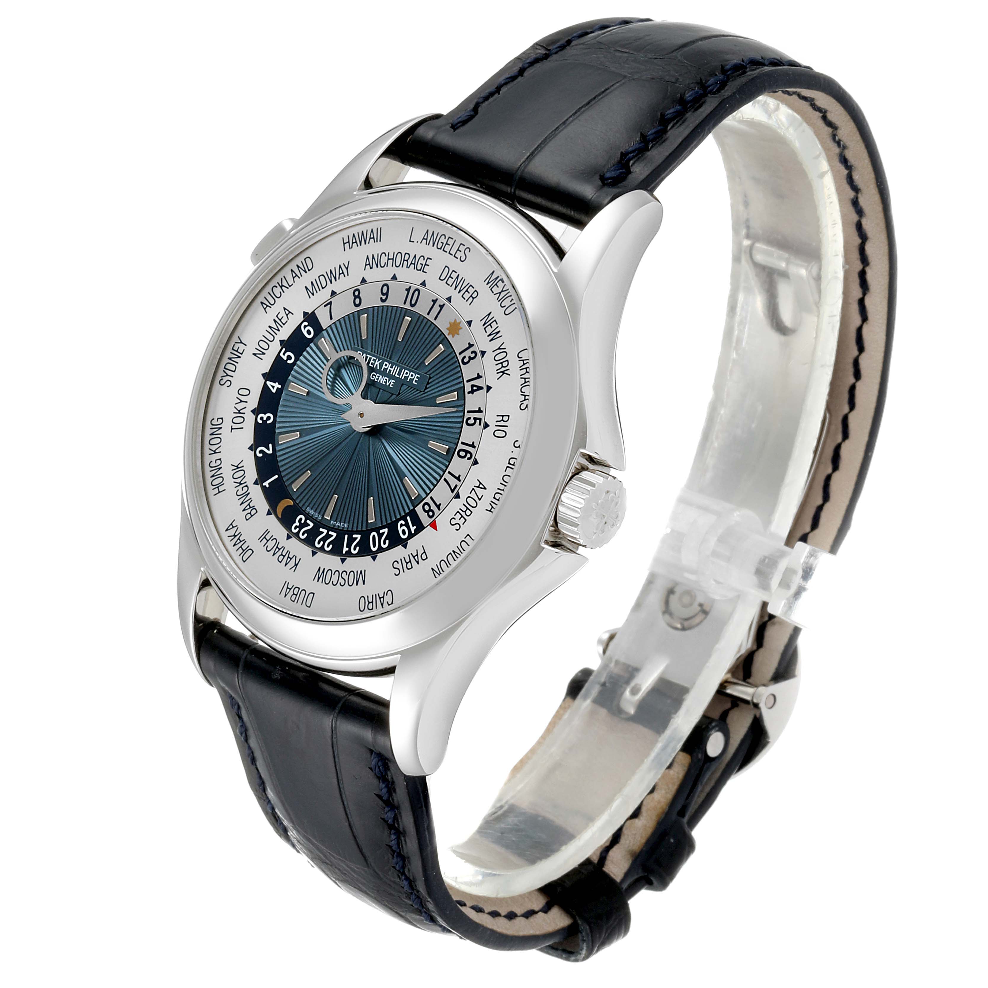 The watch is a Patek Philippe Complications 5130P Men's Platinum Silver Dial 5130P Men's Platinum Silver Dial model shown at a three-quarter angle, highlighting the face and strap.