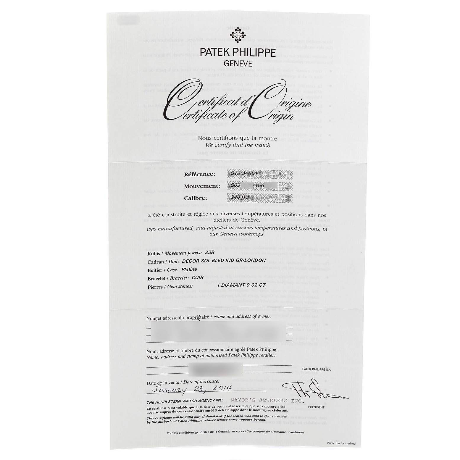 The image shows the Certificate of Origin for a Patek Philippe Complications 5130P Men's Platinum Silver Dial 5130P Men's Platinum Silver Dial model watch, with model and technical details listed.