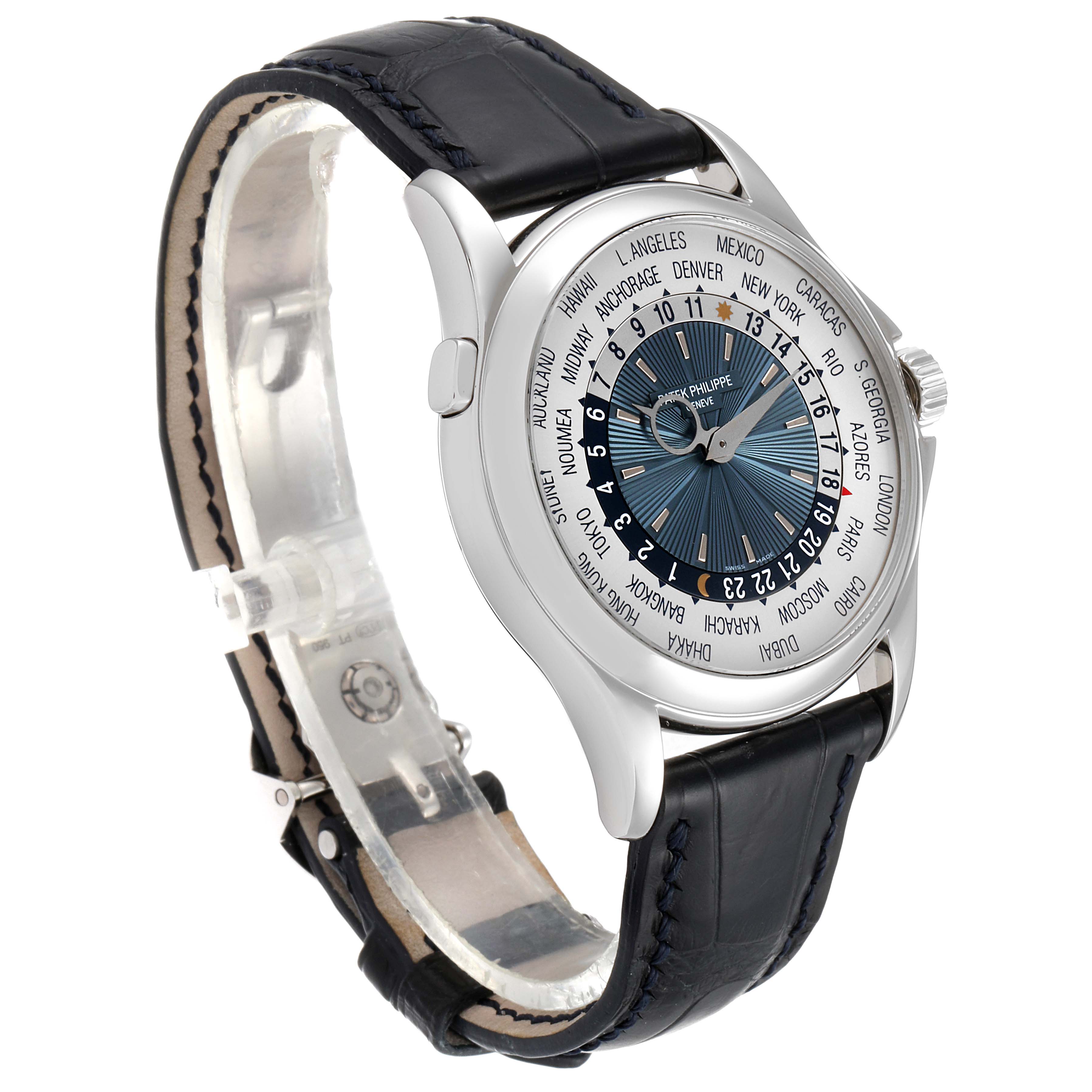 This image shows a side-angle view of a Patek Philippe Complications 5130P Men's Platinum Silver Dial 5130P Men's Platinum Silver Dial watch, featuring its face, dial, and leather strap.