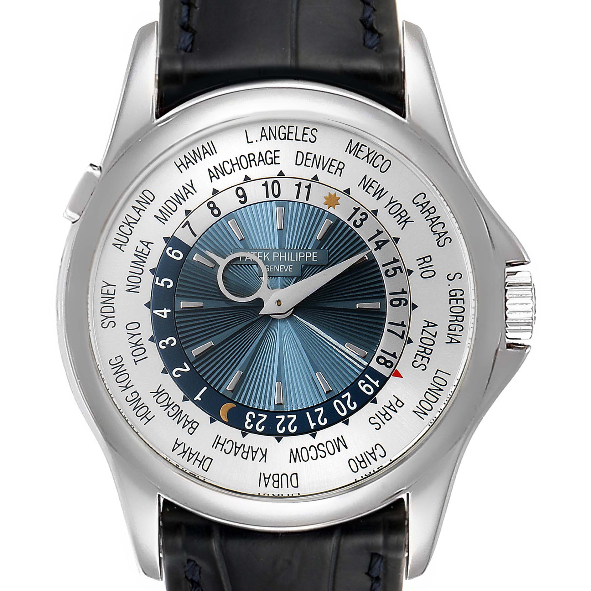 The image shows a front view of the Patek Philippe Complications 5130P Men's Platinum Silver Dial 5130P Men's Platinum Silver Dial watch, highlighting its dial and world time display.