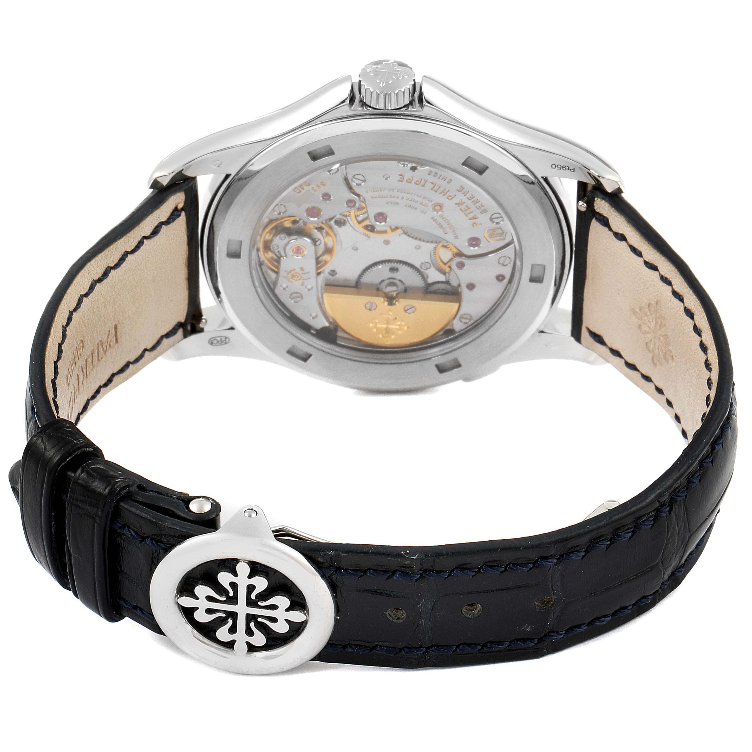 The image shows a rear view of the Patek Philippe Complications 5130P Men's Platinum Silver Dial 5130P Men's Platinum Silver Dial model watch, highlighting the movement and leather strap.