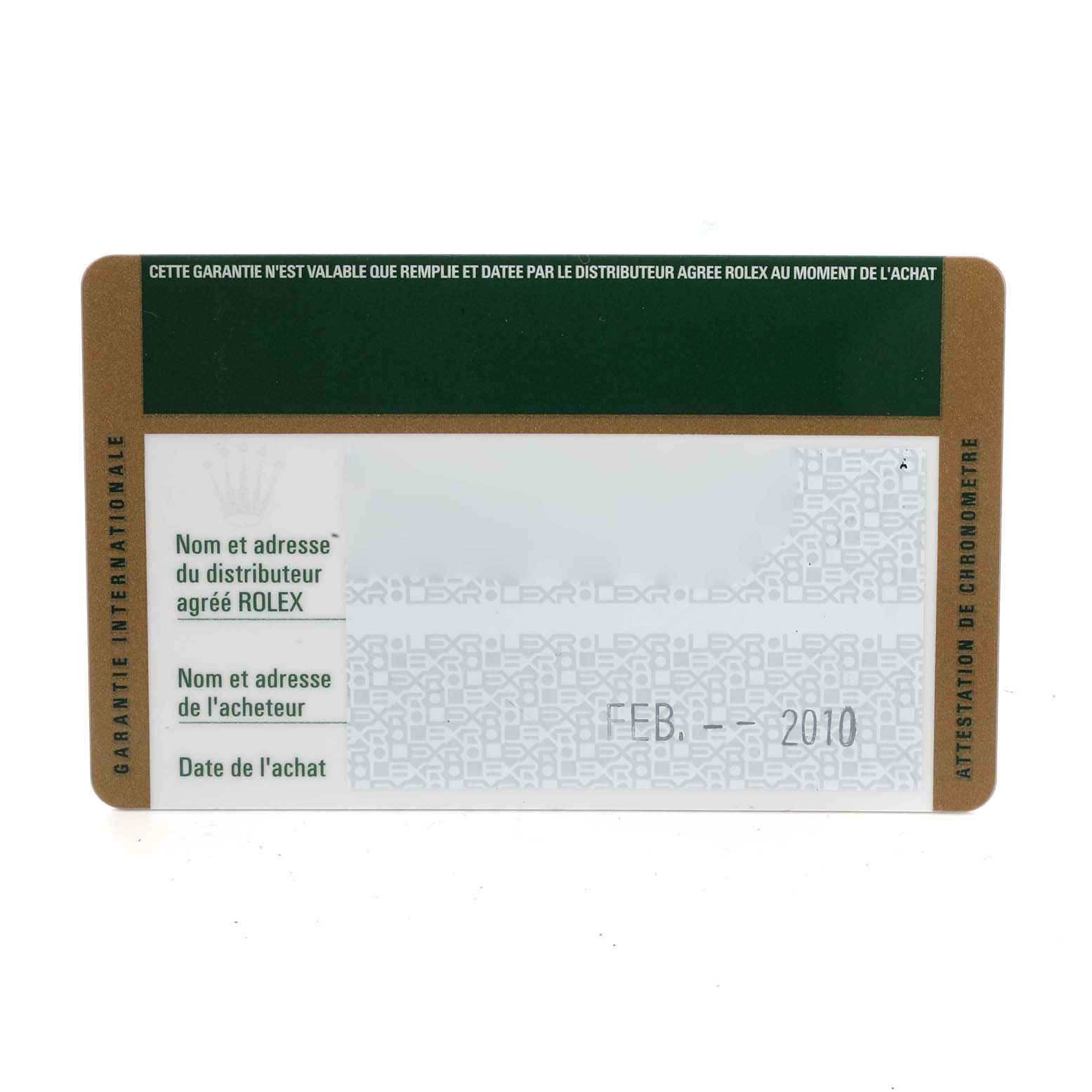 The image shows a warranty card for the Rolex Air-King 114200 Men's Stainless Steel Blue Dial 114200 Men's Stainless Steel Blue Dial model watch, dated February 2010.