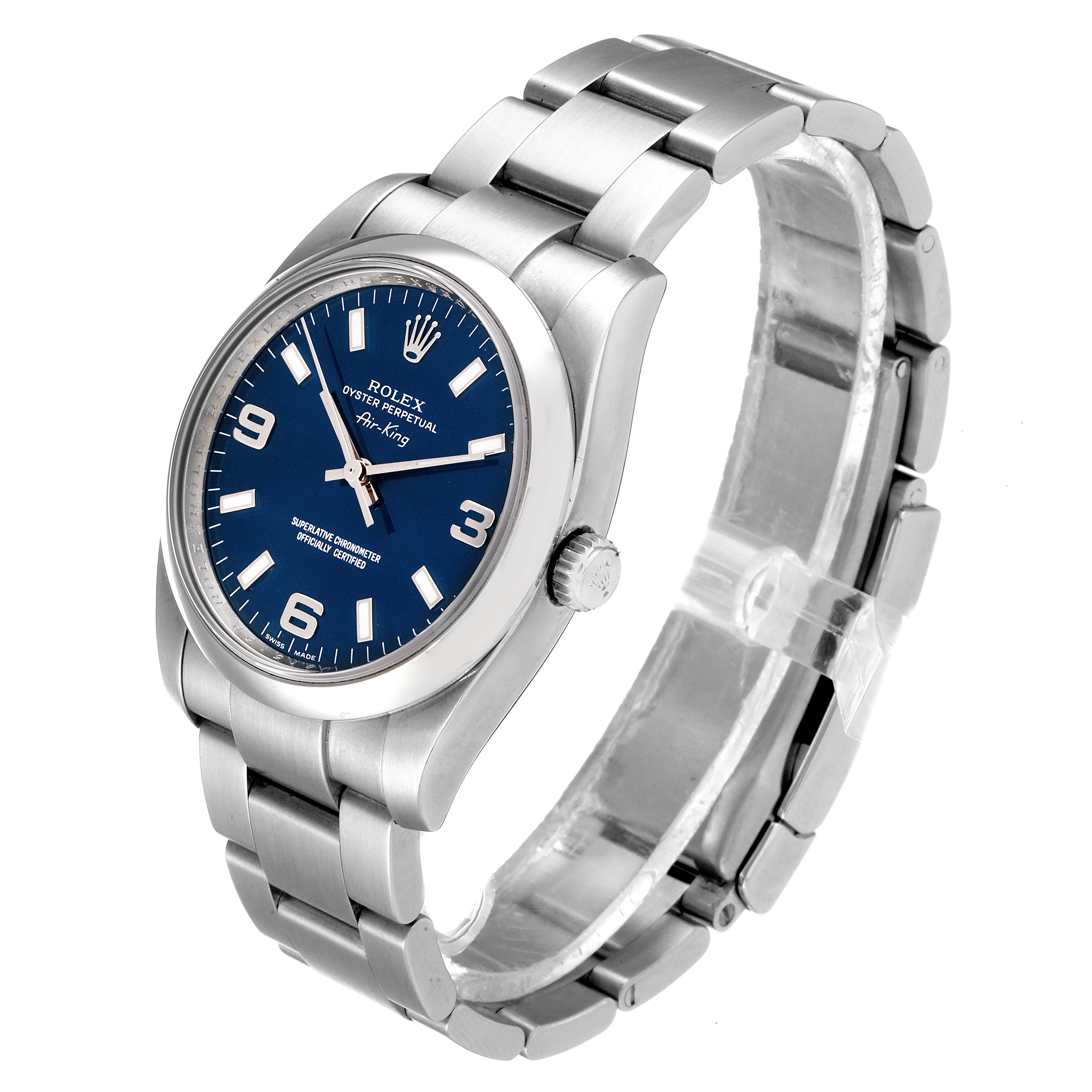 This Rolex Air-King 114200 Men's Stainless Steel Blue Dial 114200 Men's Stainless Steel Blue Dial watch is shown at a slight angle revealing the face, crown, and part of the stainless steel bracelet.