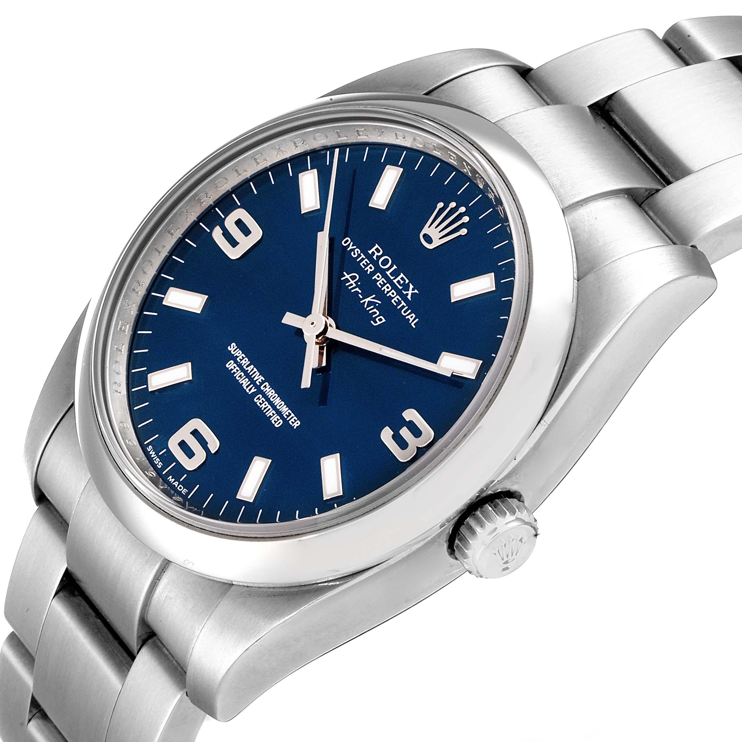 The image shows a Rolex Air-King 114200 Men's Stainless Steel Blue Dial 114200 Men's Stainless Steel Blue Dial watch at an angled close-up, highlighting the face, crown, and part of the bracelet.