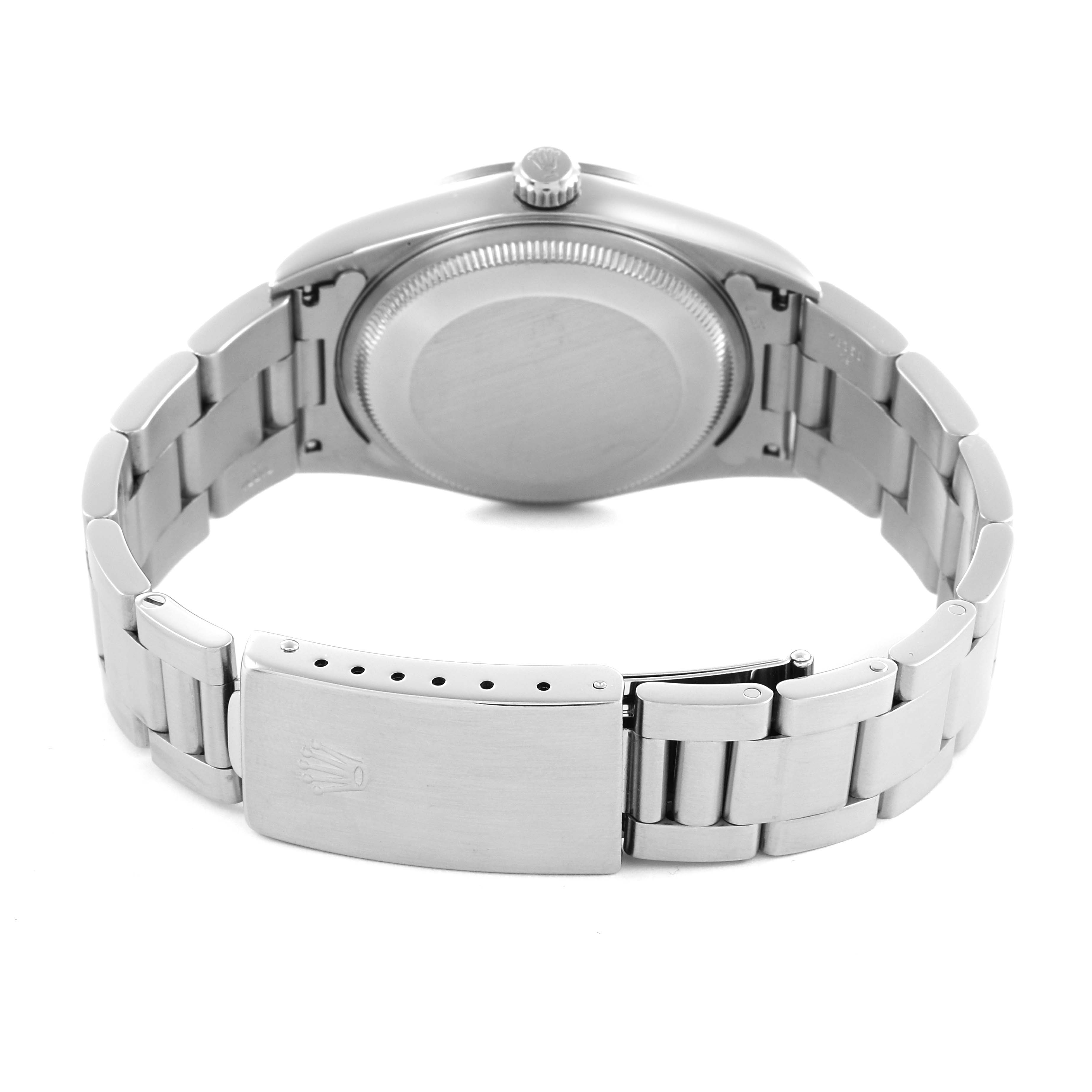 The Rolex Air-King 14000 Men's Stainless Steel Silver Dial 14000 Men's Stainless Steel Silver Dial watch is shown from the back, highlighting the bracelet and clasp.