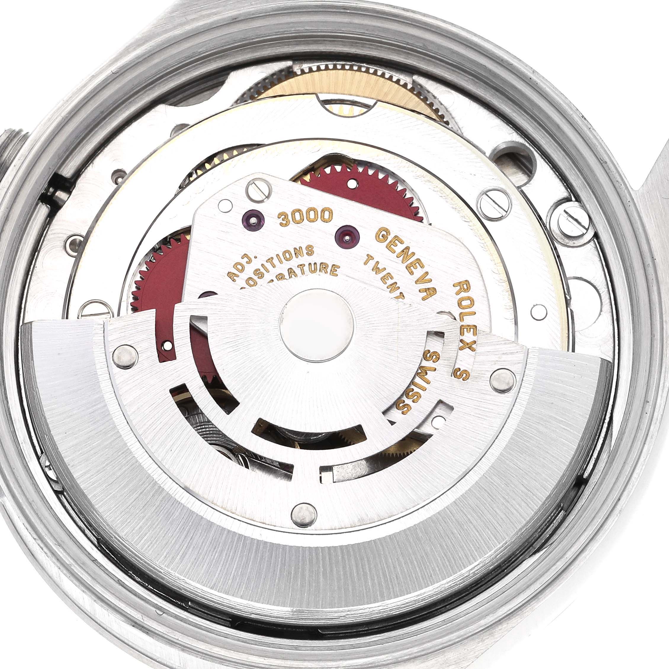 This image shows the movement of the Rolex Air-King 14000 Men's Stainless Steel Silver Dial 14000 Men's Stainless Steel Silver Dial watch, focusing on the rotor and inner mechanisms.