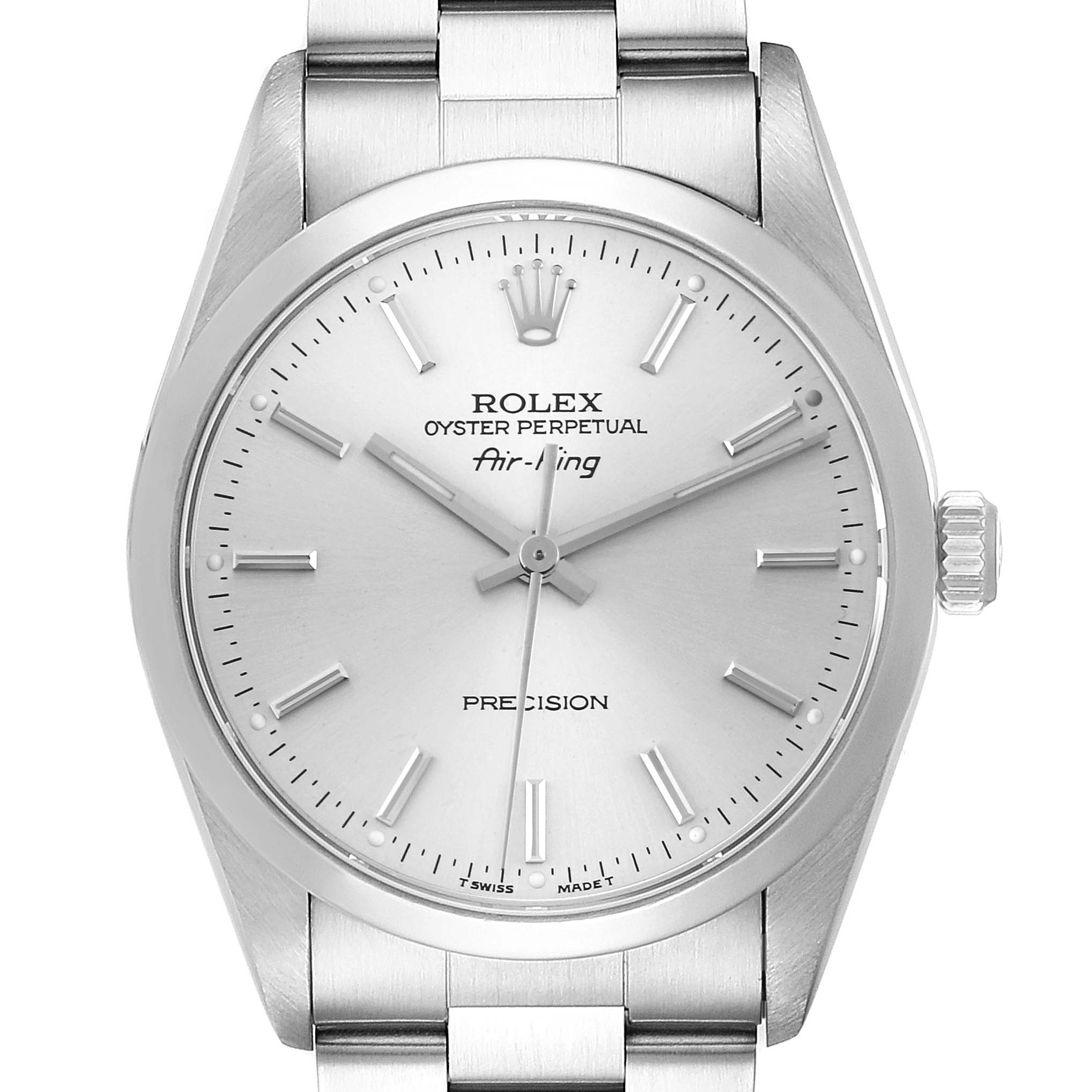 The Rolex Air-King 14000 Men's Stainless Steel Silver Dial 14000 Men's Stainless Steel Silver Dial watch is shown from a front angle, displaying the dial, bezel, and part of the bracelet.