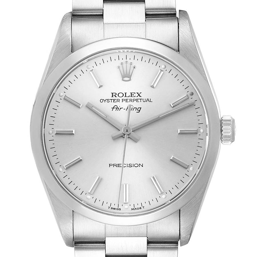 The Rolex Air-King watch is shown from a front angle, displaying the dial, bezel, and part of the bracelet.