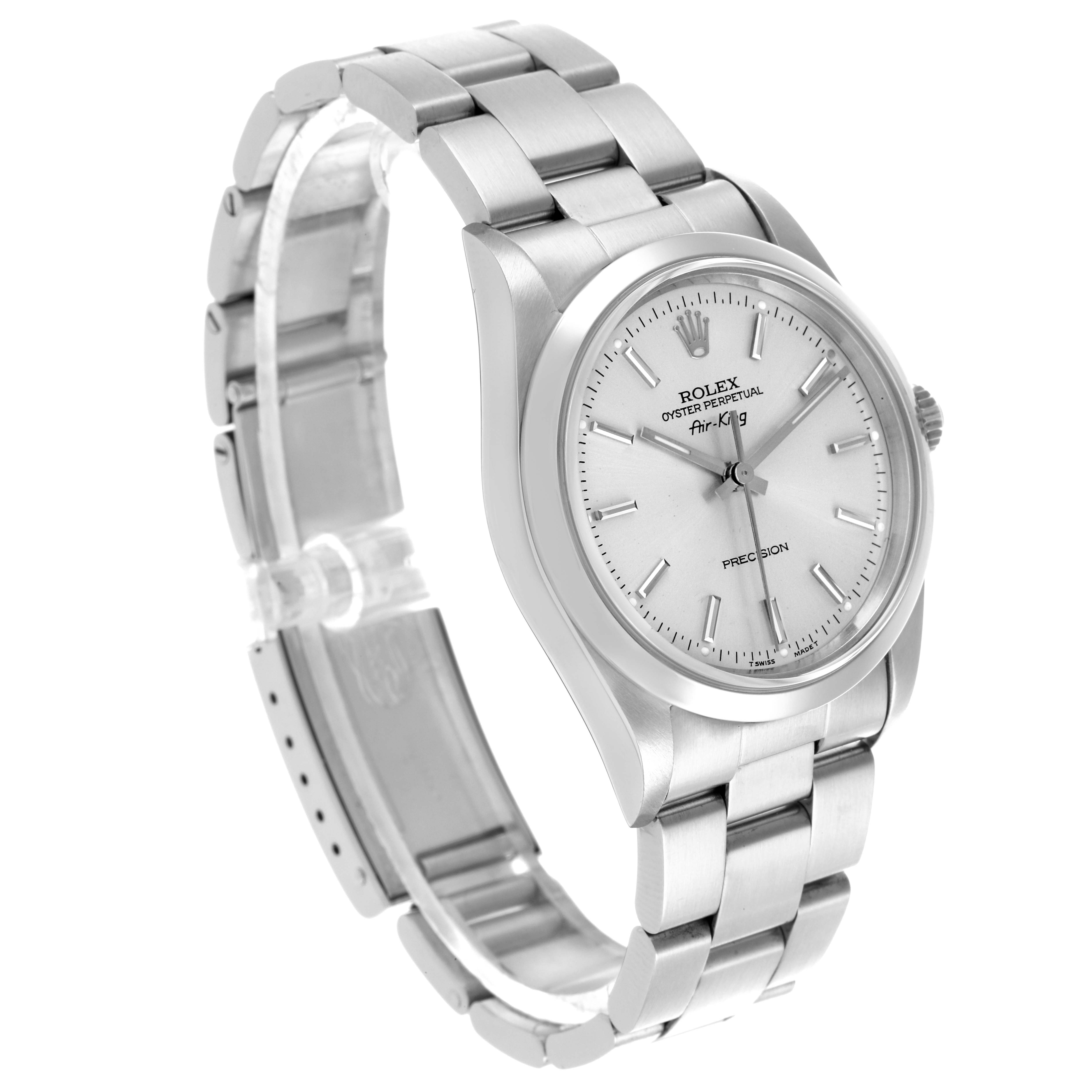 The Rolex Air-King 14000 Men's Stainless Steel Silver Dial 14000 Men's Stainless Steel Silver Dial watch is shown at an angled side view, displaying the face, bezel, crown, and bracelet.