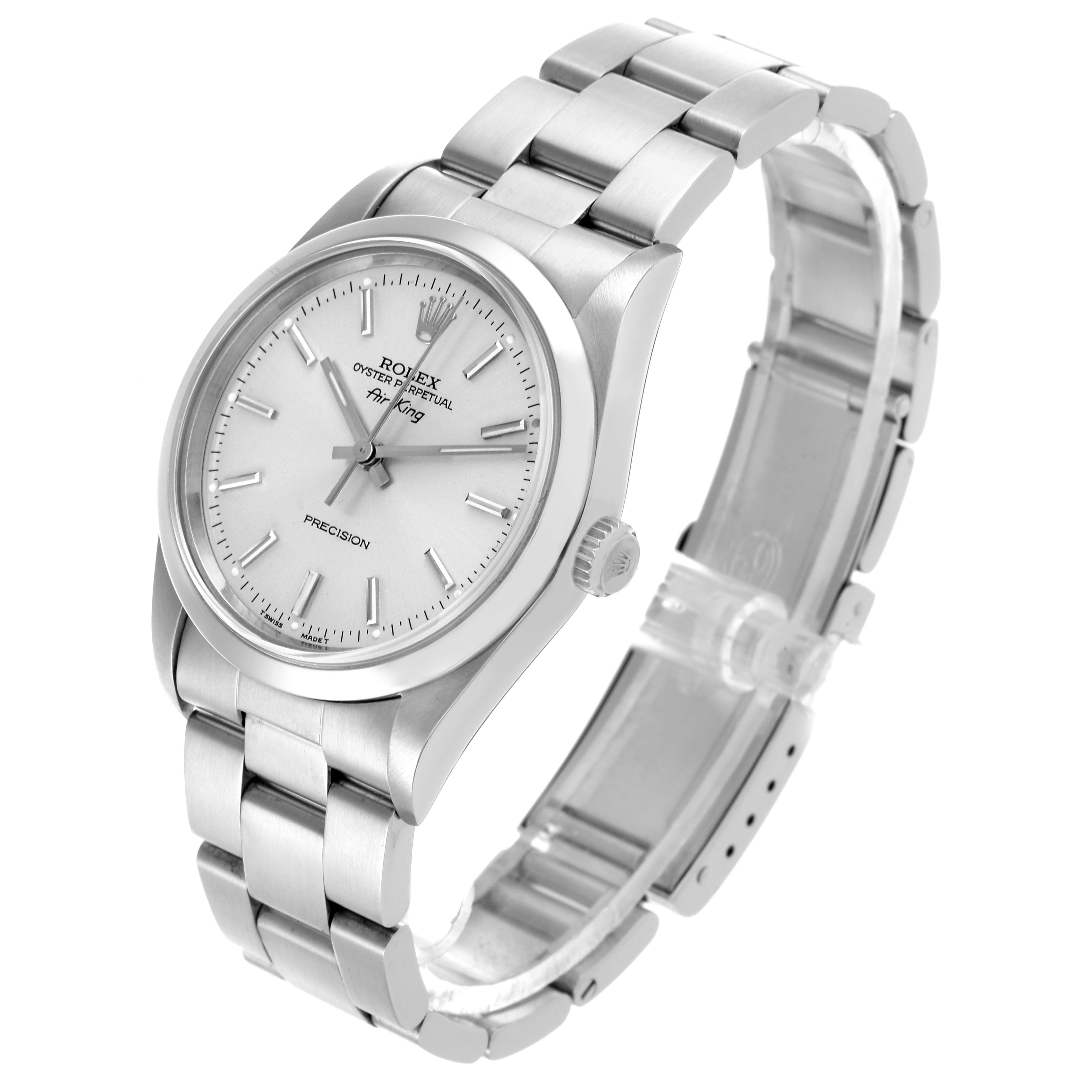 The Rolex Air-King 14000 Men's Stainless Steel Silver Dial 14000 Men's Stainless Steel Silver Dial watch is shown at a slight angle, displaying the dial, crown, and bracelet.