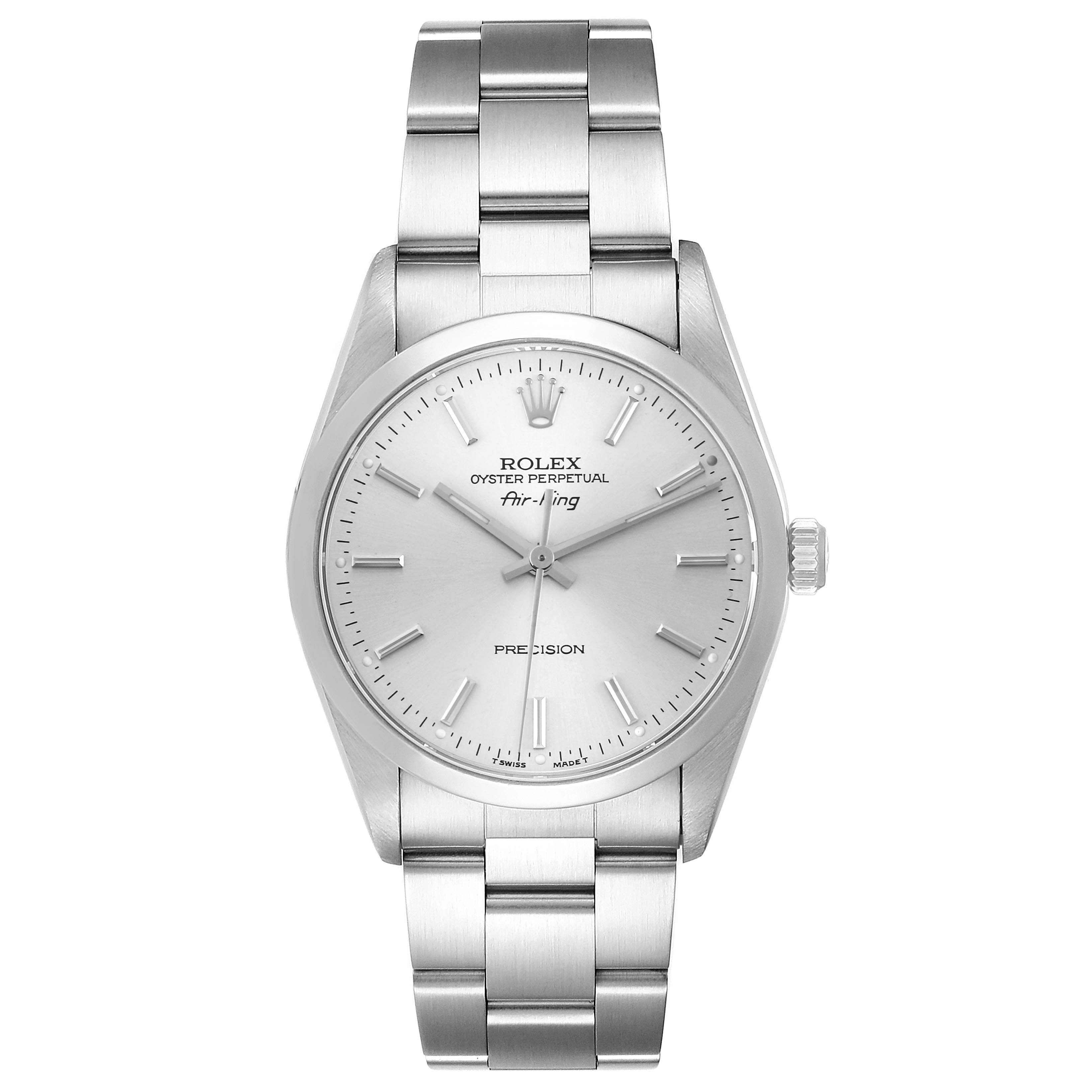 The Rolex Air-King 14000 Men's Stainless Steel Silver Dial 14000 Men's Stainless Steel Silver Dial watch is shown from a front angle, displaying the full face and bracelet.