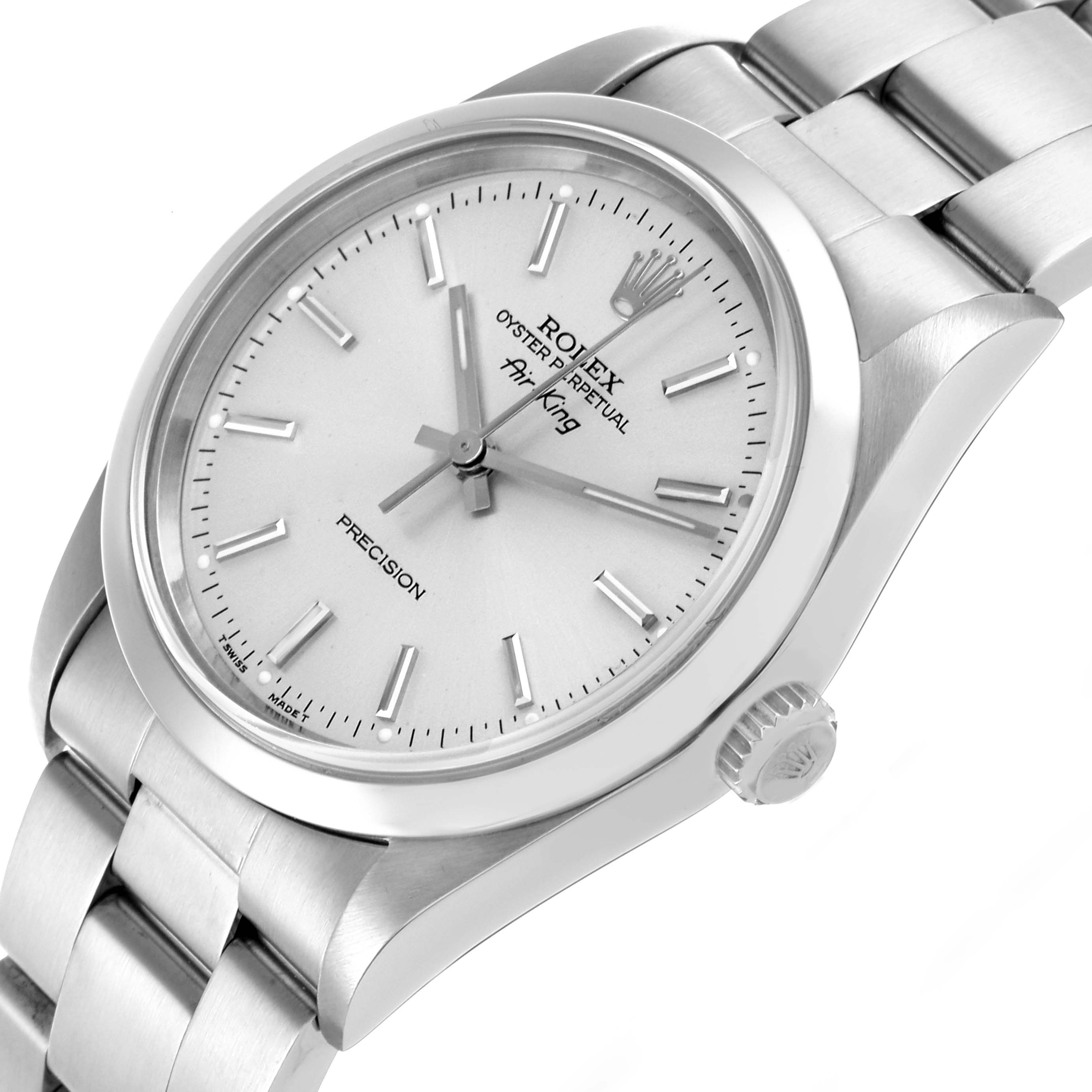 The Rolex Air-King 14000 Men's Stainless Steel Silver Dial 14000 Men's Stainless Steel Silver Dial watch is shown at a slight angle, displaying the face, case, crown, and part of the bracelet.