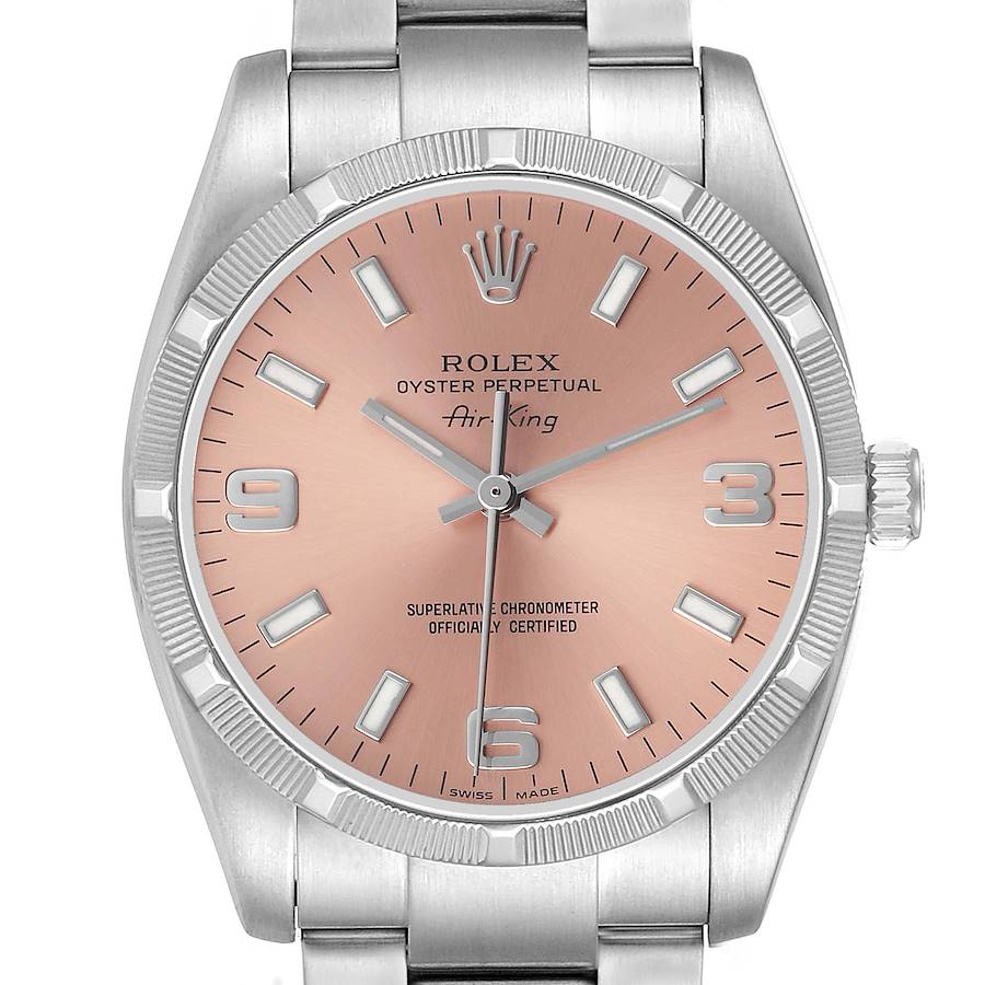 The image shows a front view of the Rolex Air-King 114210 Men's Stainless Steel Pink Dial watch, highlighting its dial, bezel, crown, and part of the bracelet.