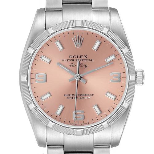 The Rolex Air-King 114210 Men's Stainless Steel Pink Dial watch is shown from a front angle, displaying the dial, hour markers, hands, crown, bezel, and part of the bracelet.