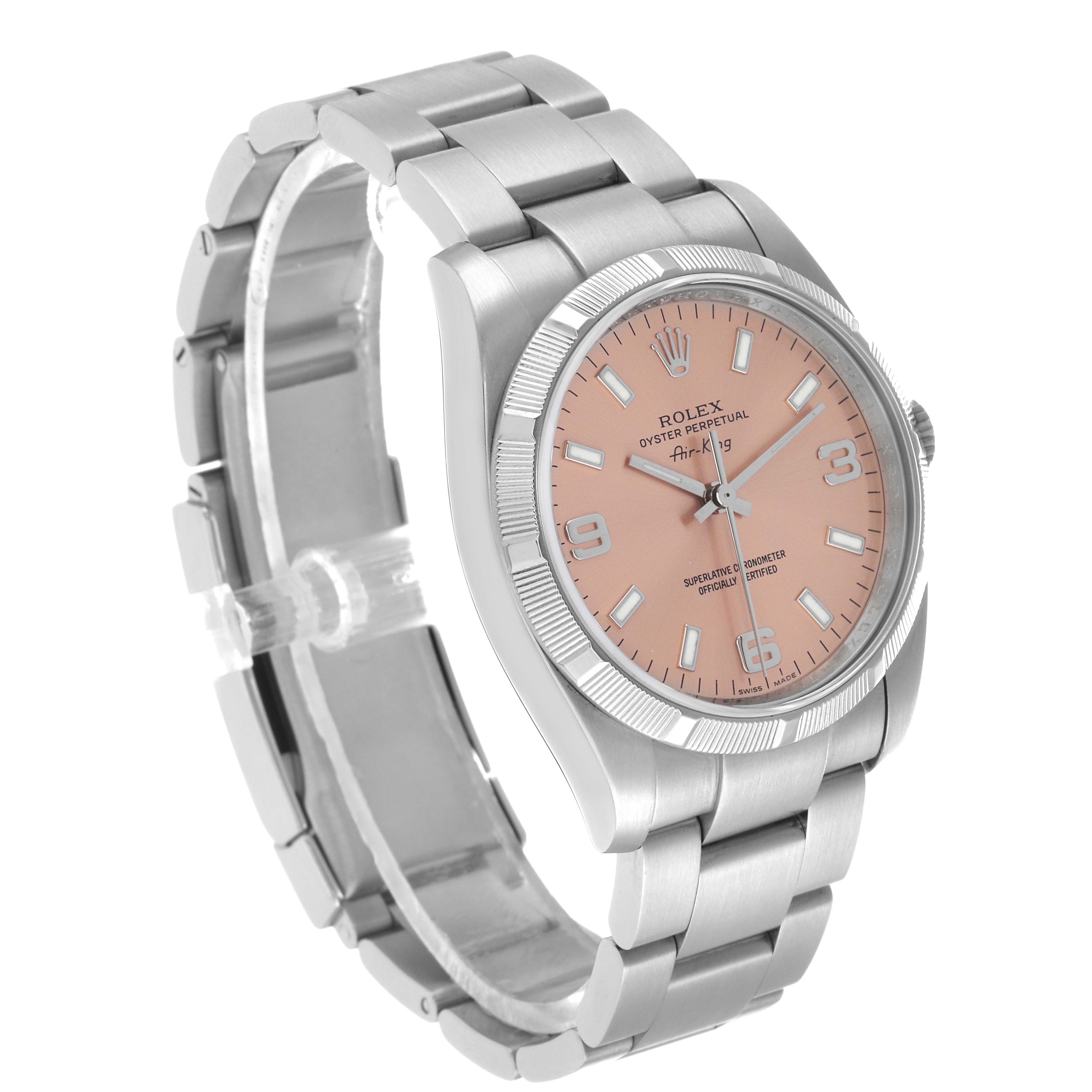 The Rolex Air-King 114210 Men's Stainless Steel Pink Dial watch is shown in a three-quarter view, highlighting the face, bezel, and bracelet.