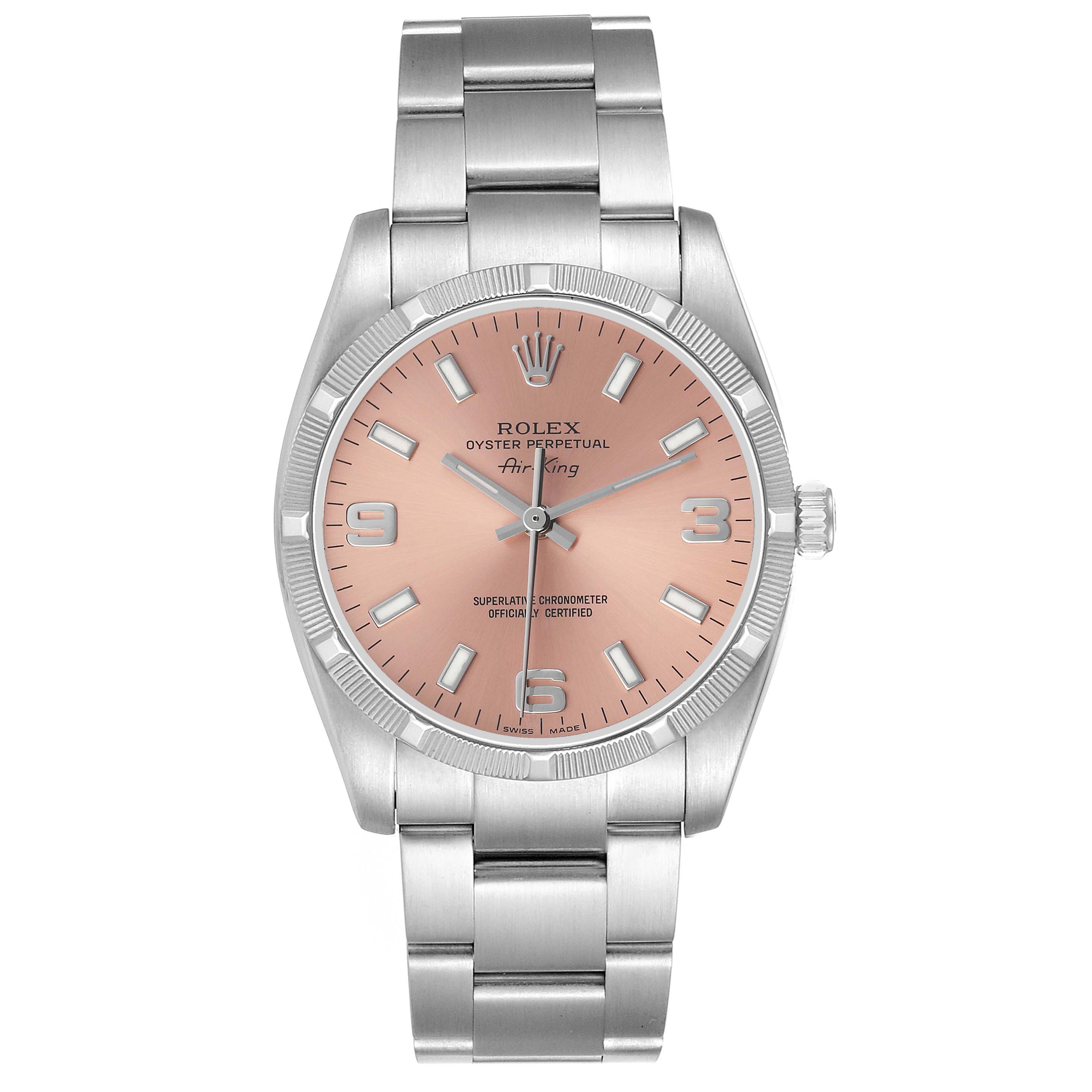 The Rolex Air-King 114210 Men's Stainless Steel Pink Dial watch is shown from a front angle, highlighting the dial, bezel, and bracelet.